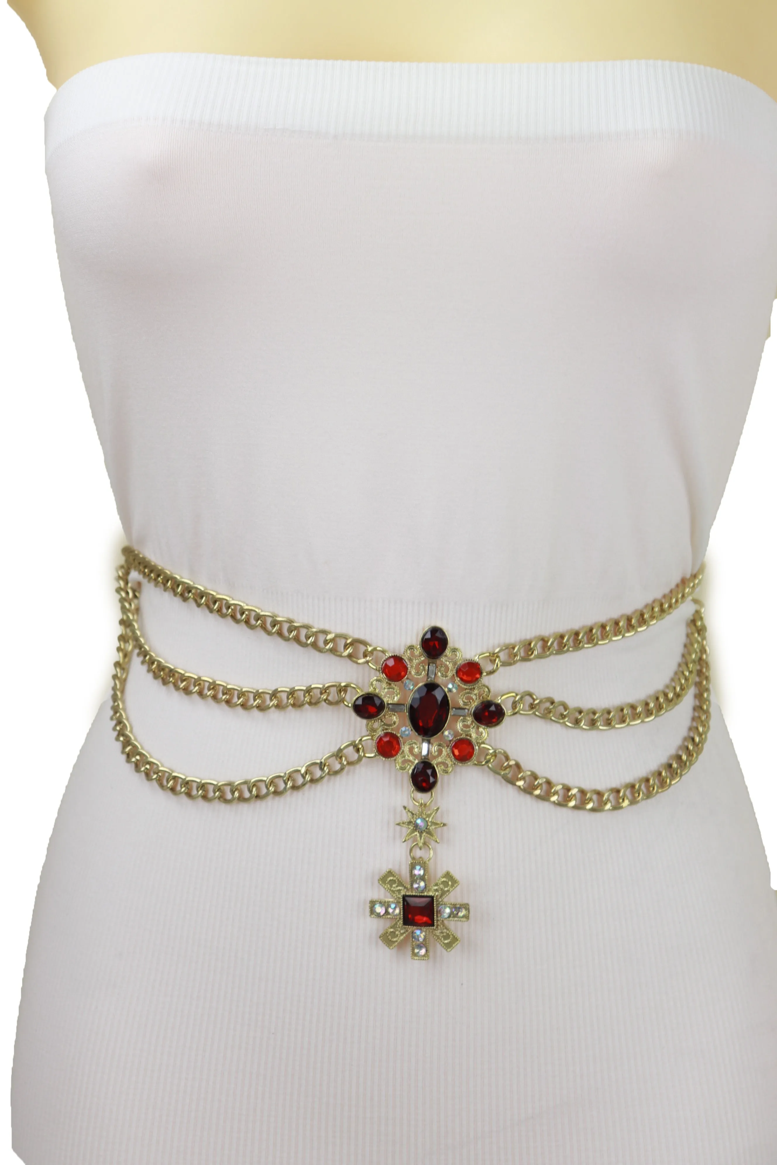 Rusty Gold Metal Chain Belt British Red Cross Star Charm S M