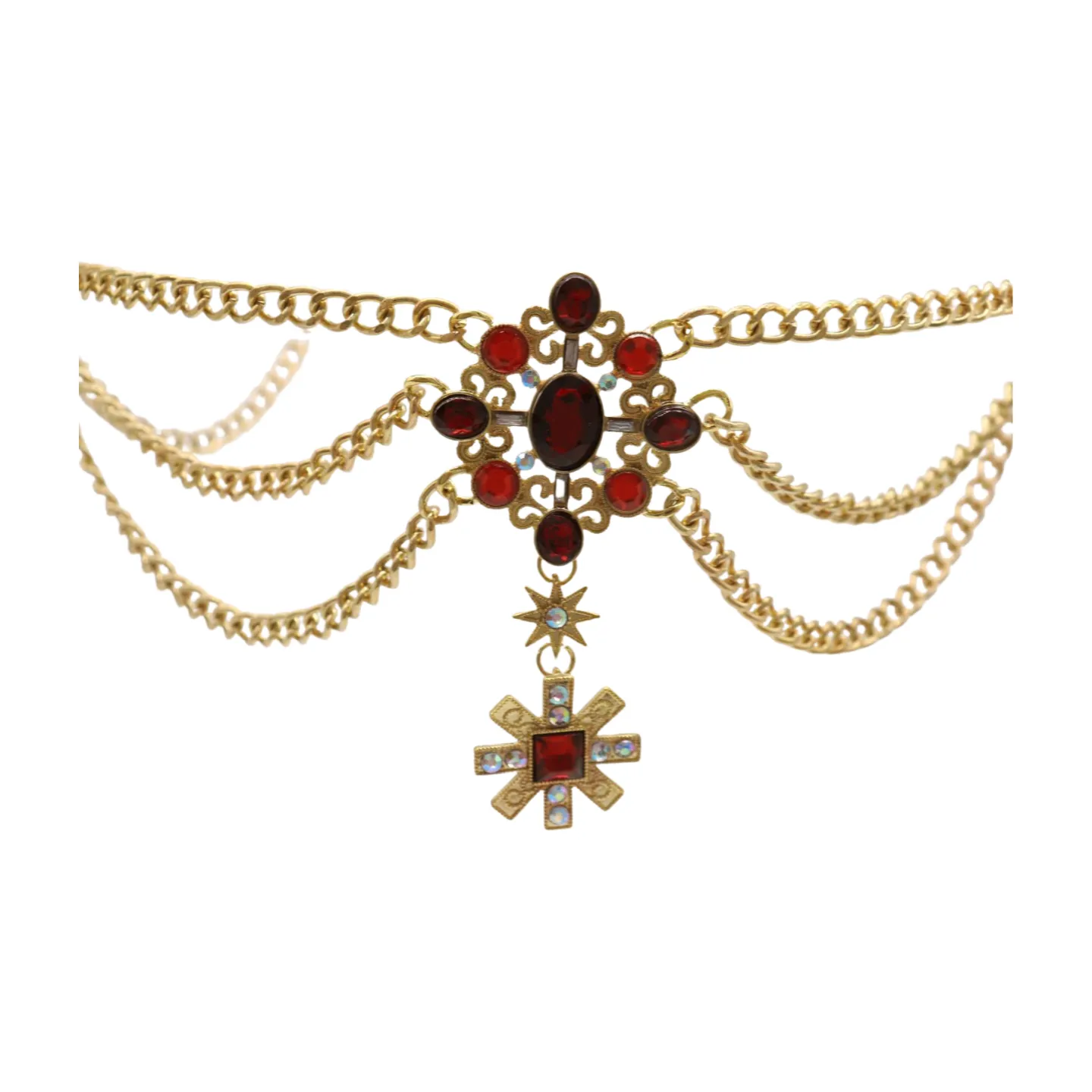 Rusty Gold Metal Chain Belt British Red Cross Star Charm S M