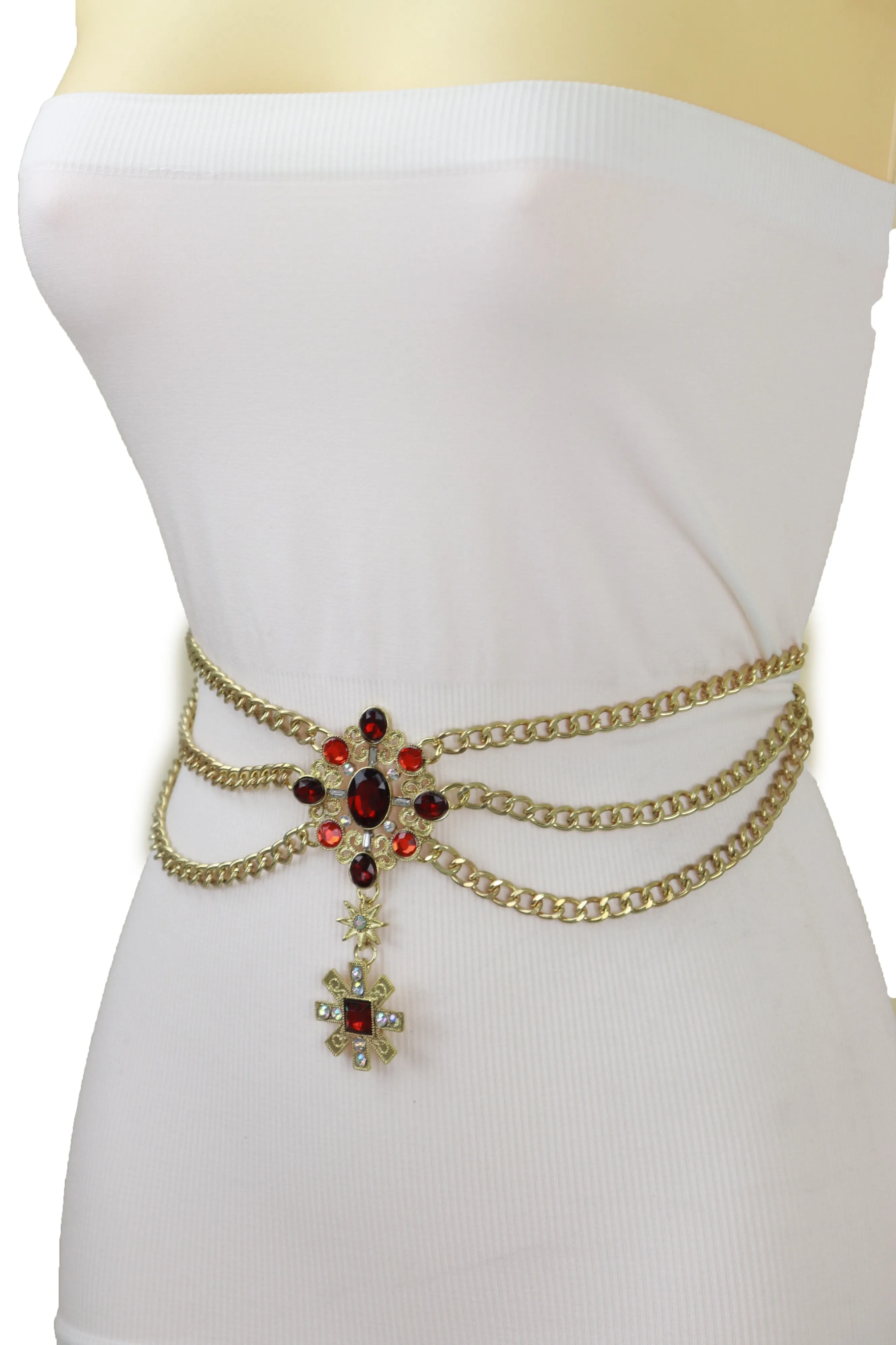 Rusty Gold Metal Chain Belt British Red Cross Star Charm S M