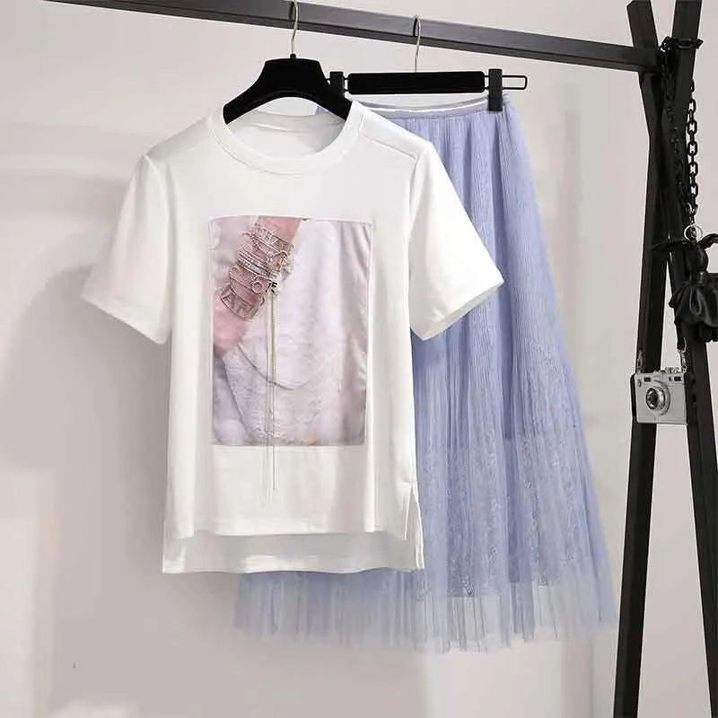 S-XL Summer Women Sample Pattern O-neck T-shirt Mesh Skirt 2pc Office Lady T-shirt Skirt Suits Women Summer Set