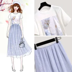 S-XL Summer Women Sample Pattern O-neck T-shirt Mesh Skirt 2pc Office Lady T-shirt Skirt Suits Women Summer Set