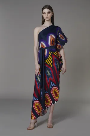 Saaksha & KinniÂ    I   Afghani circle one shoulder frilled dress with belt Satin / Cotton Silk / Chiffon Multi SS22026