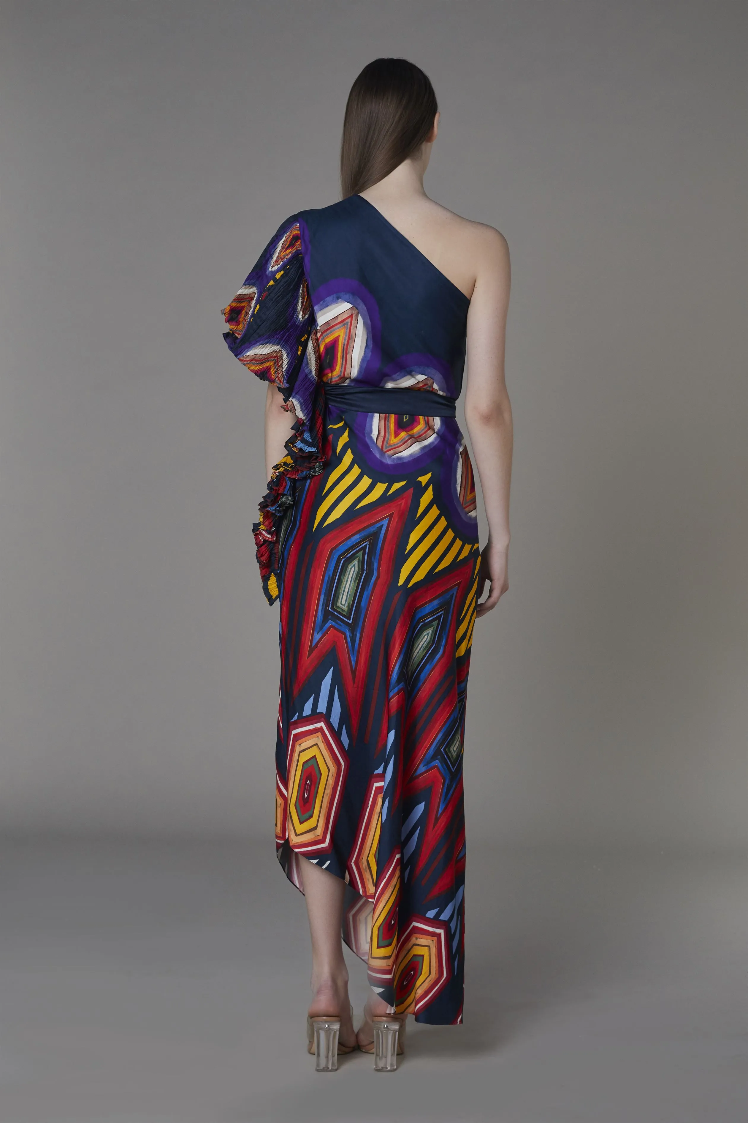 Saaksha & KinniÂ    I   Afghani circle one shoulder frilled dress with belt Satin / Cotton Silk / Chiffon Multi SS22026