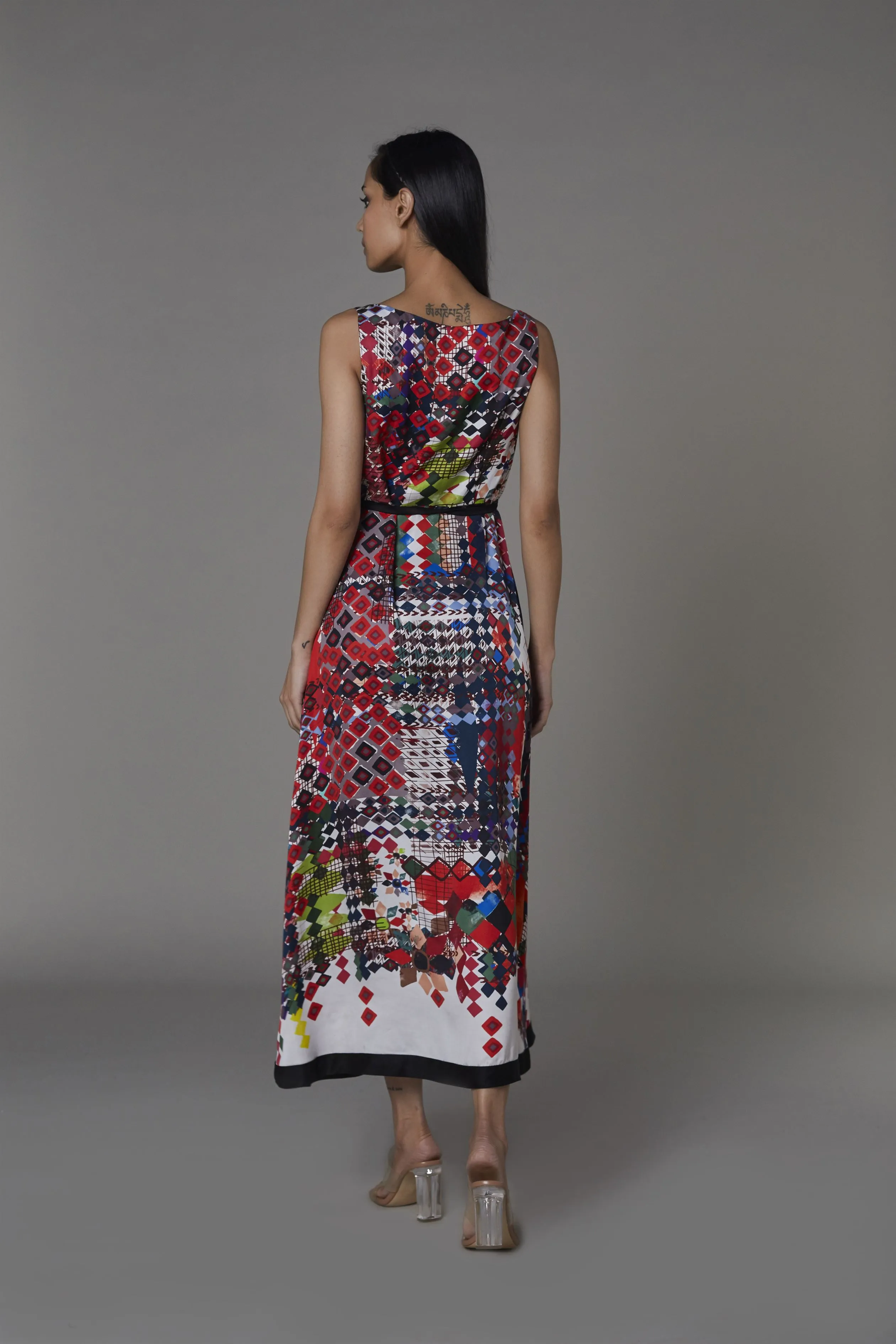 Saaksha & KinniÂ    I   AK print sleeveless summer dress with belt Satin Multi SS22009