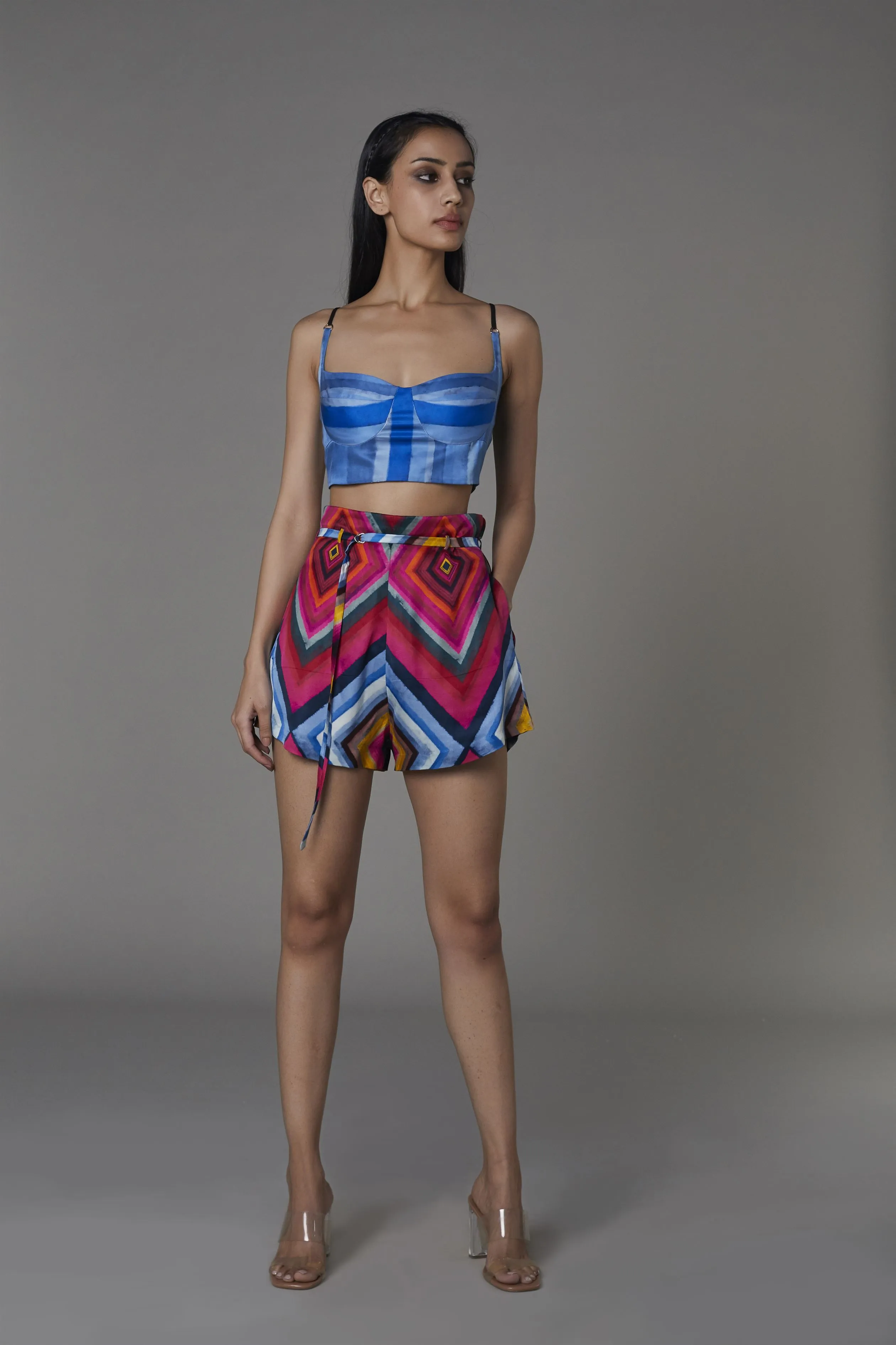 Saaksha & KinniÂ    I   Light blue / blue stripe bustier  Pink blue big diamond shorts Satin Bustier - Blue  Shorts - Pink / blue   SS22052    SS22053