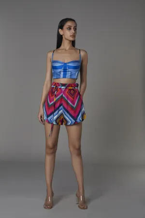 Saaksha & KinniÂ    I   Light blue / blue stripe bustier  Pink blue big diamond shorts Satin Bustier - Blue  Shorts - Pink / blue   SS22052    SS22053