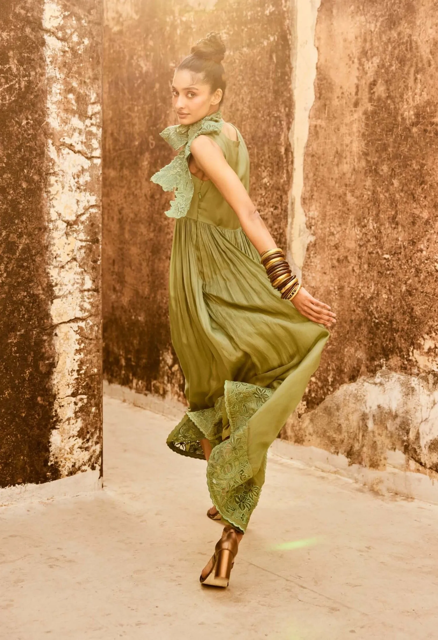 Sage green maxi dress and scarf