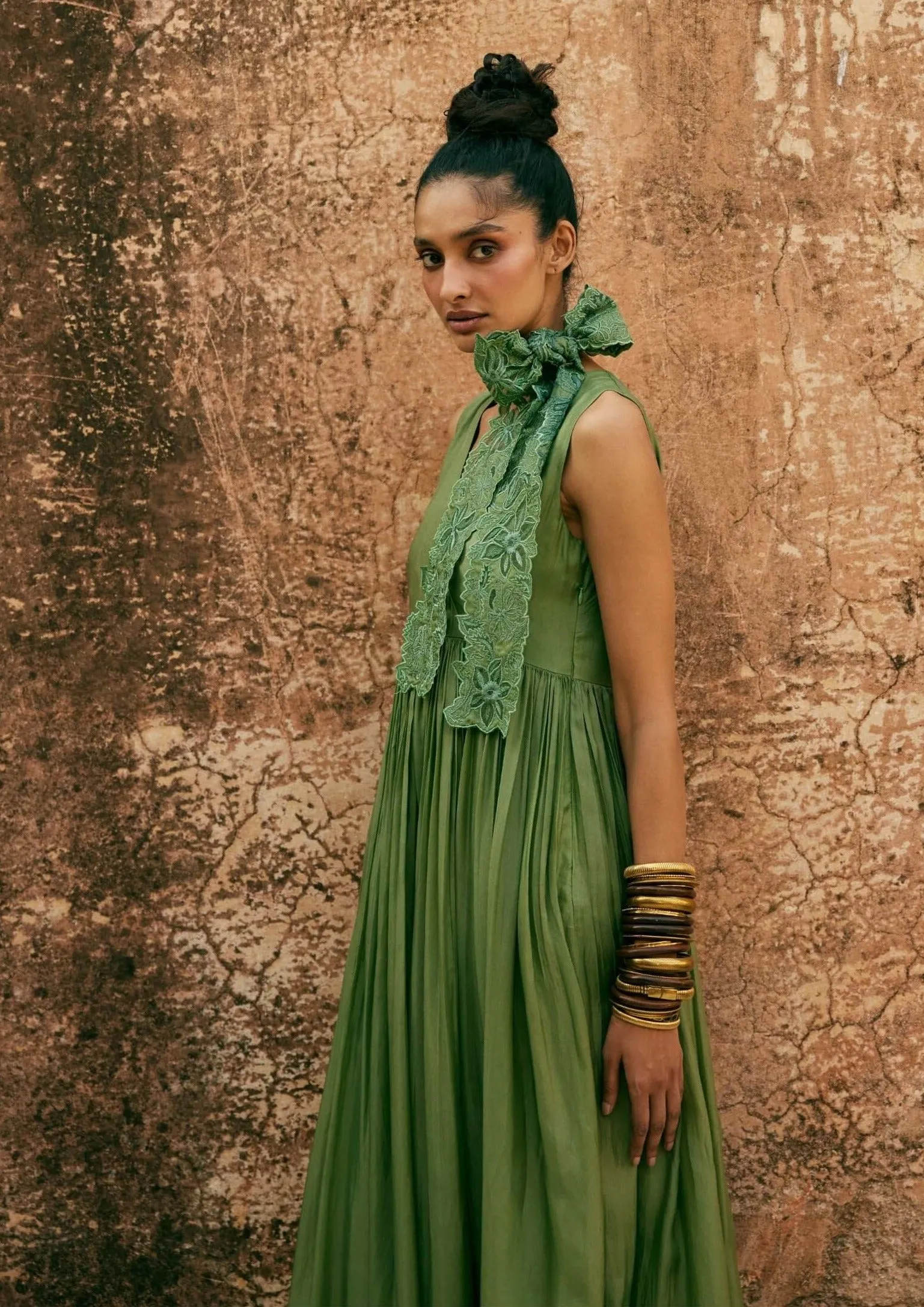 Sage green maxi dress and scarf