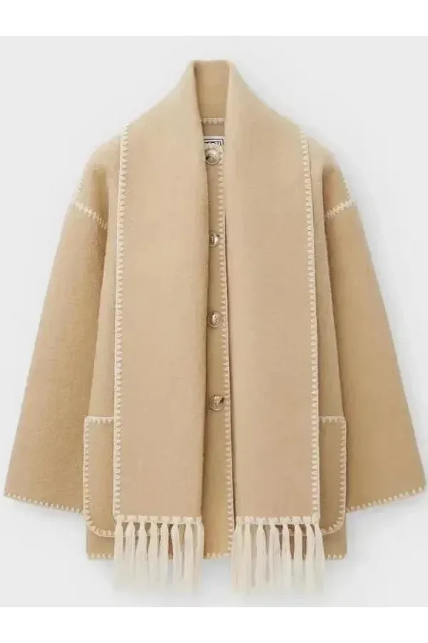 Scarf-Neckline Felt Woolen Coat