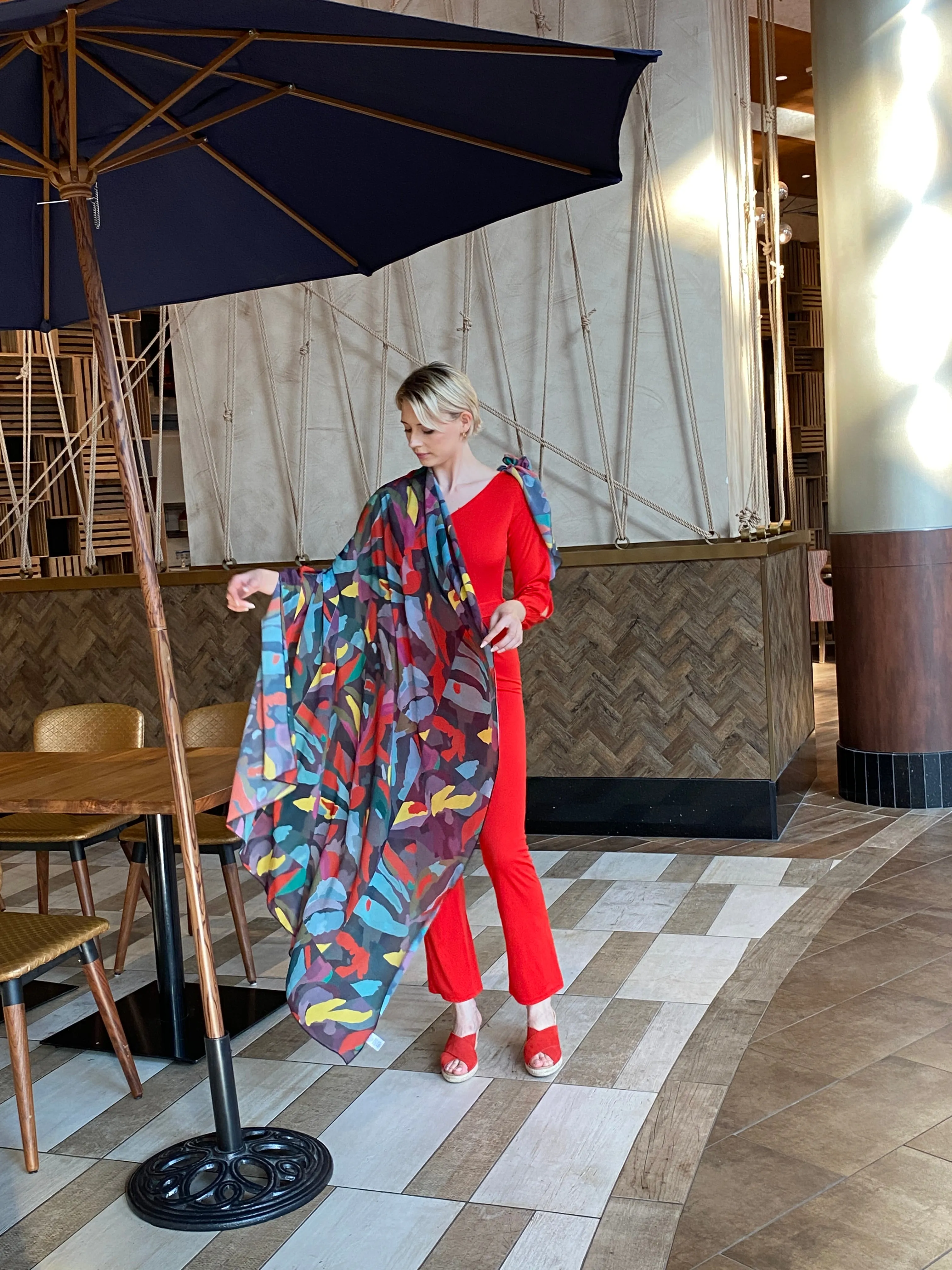 Scarlet One Shoulder Slit Sleeve Jumpsuit with Sash and Colored Leaves Scarf