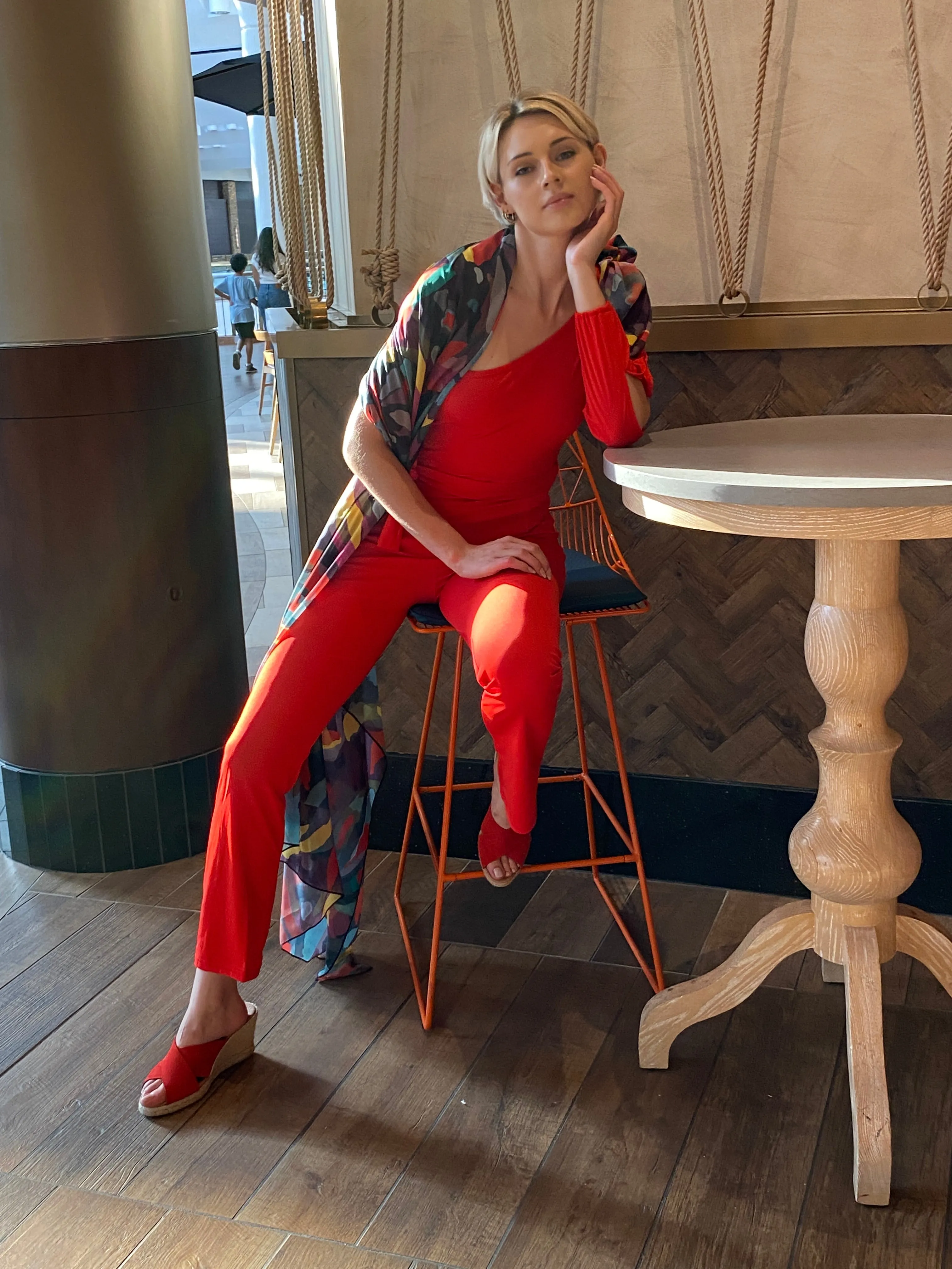 Scarlet One Shoulder Slit Sleeve Jumpsuit with Sash and Colored Leaves Scarf