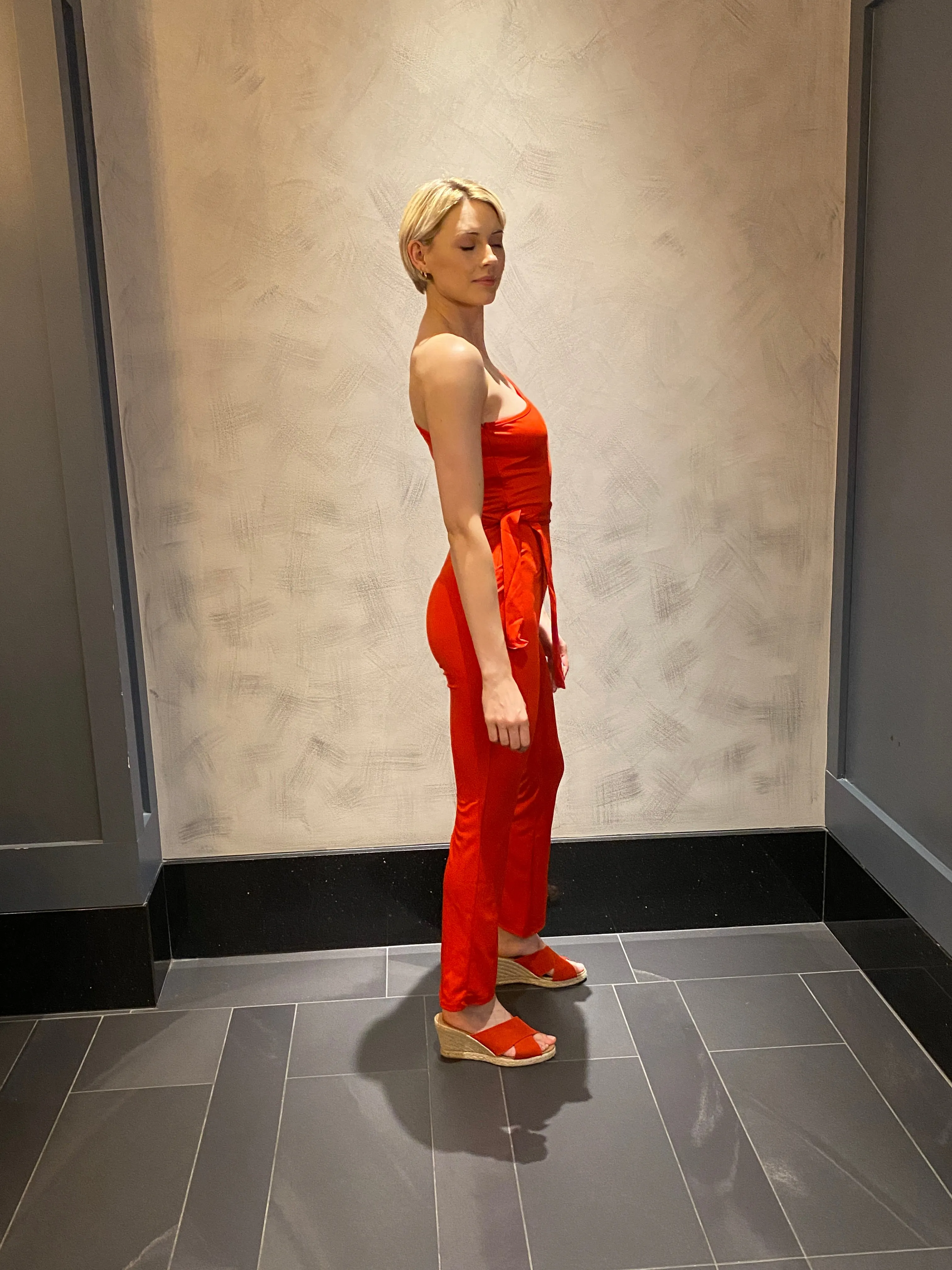 Scarlet One Shoulder Slit Sleeve Jumpsuit with Sash and Colored Leaves Scarf