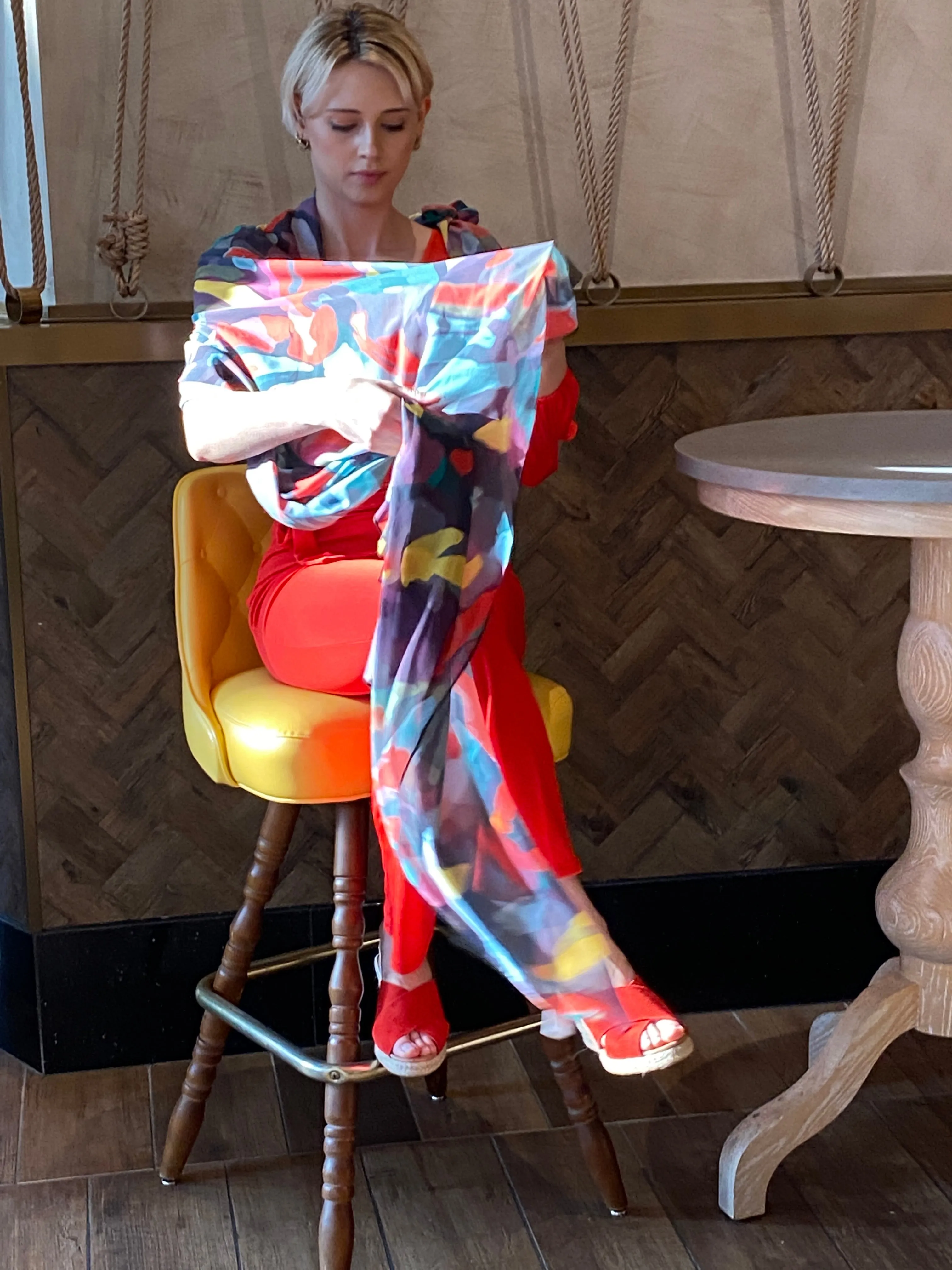 Scarlet One Shoulder Slit Sleeve Jumpsuit with Sash and Colored Leaves Scarf
