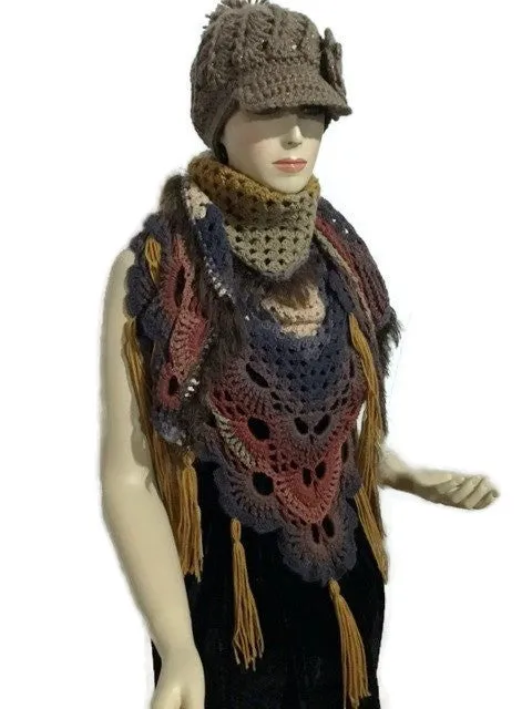 Shades of brown crochet shawl, Bohemian-chic, triangular wrap, gift for her, woman size