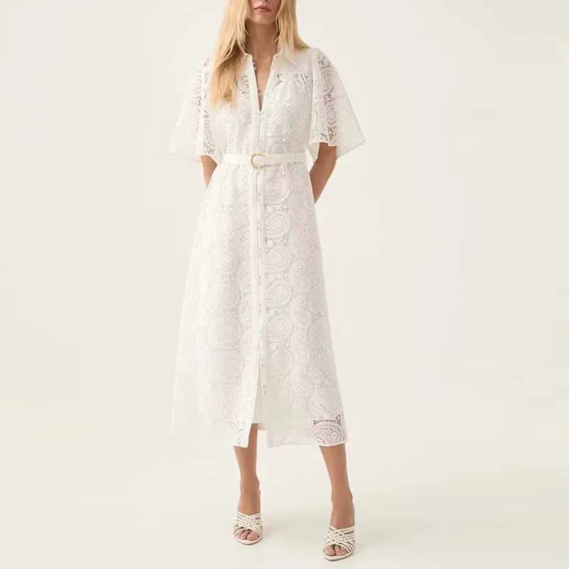 Short Sleeve Hollow Out Lace Midi Dress With Belt