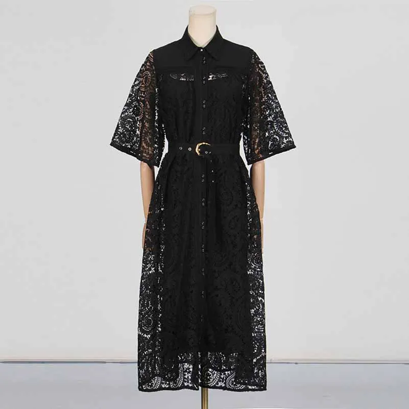 Short Sleeve Hollow Out Lace Midi Dress With Belt