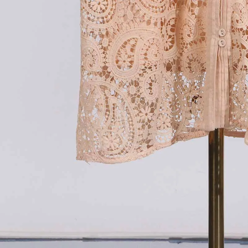 Short Sleeve Hollow Out Lace Midi Dress With Belt