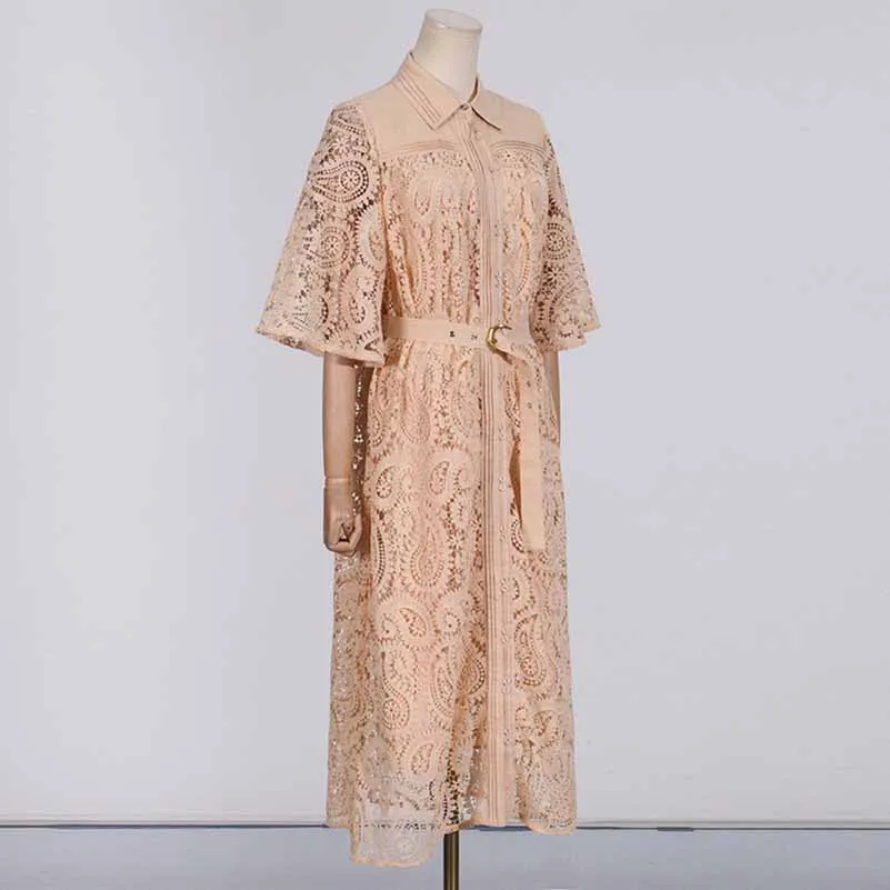 Short Sleeve Hollow Out Lace Midi Dress With Belt