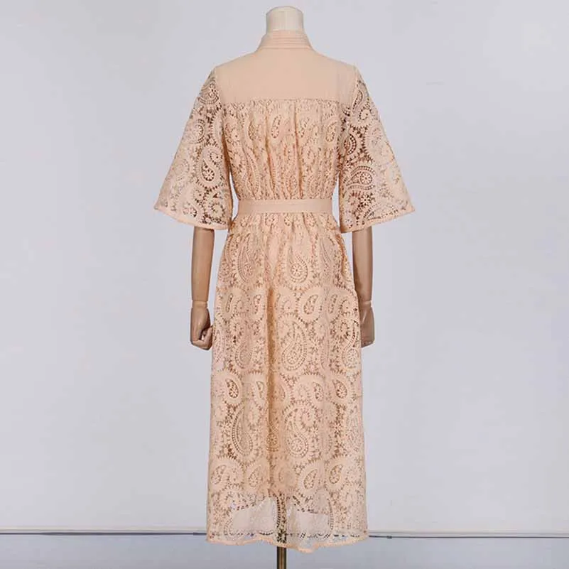 Short Sleeve Hollow Out Lace Midi Dress With Belt