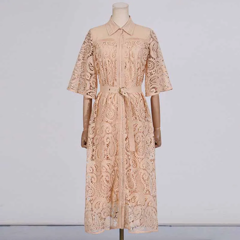 Short Sleeve Hollow Out Lace Midi Dress With Belt