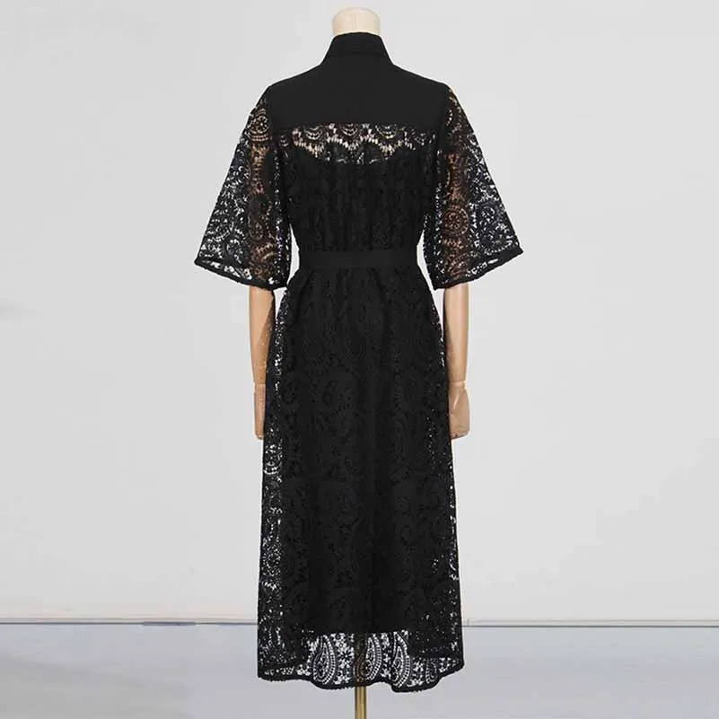 Short Sleeve Hollow Out Lace Midi Dress With Belt