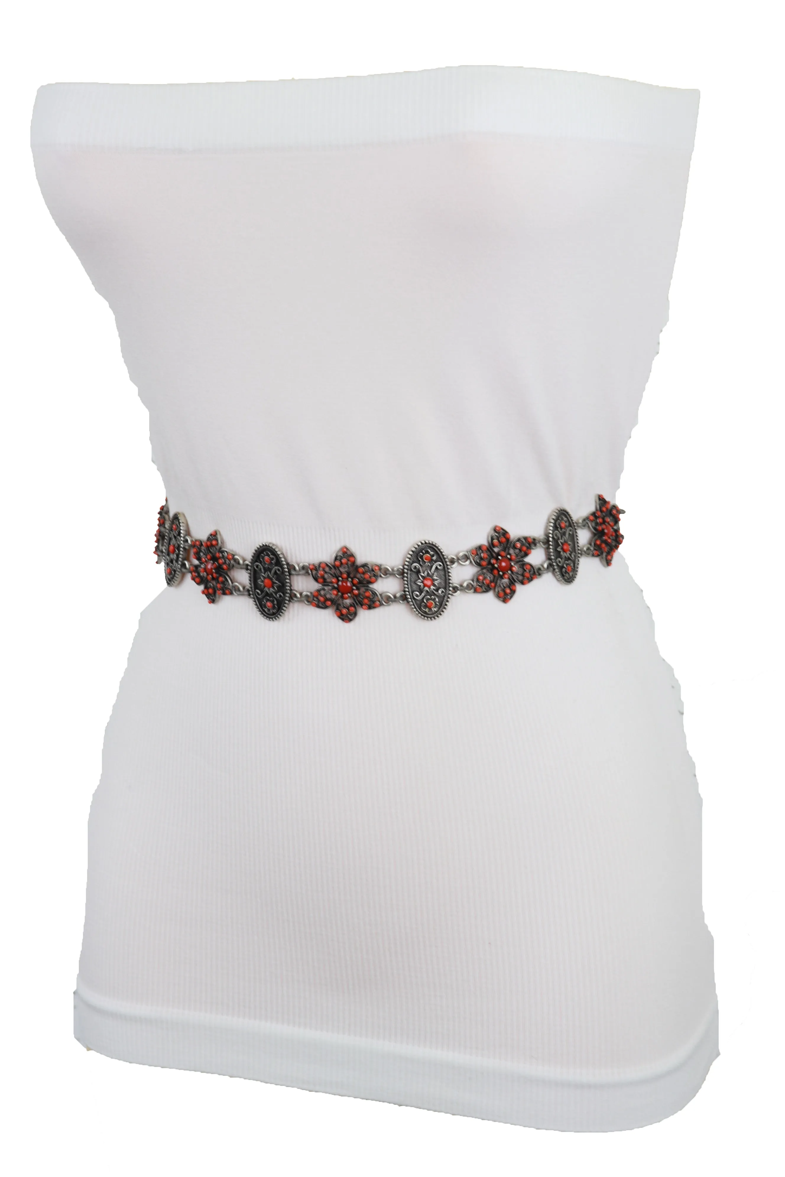 Silver Metal Beige Tie Wrap Round Bohemian Belt Red Flower S M