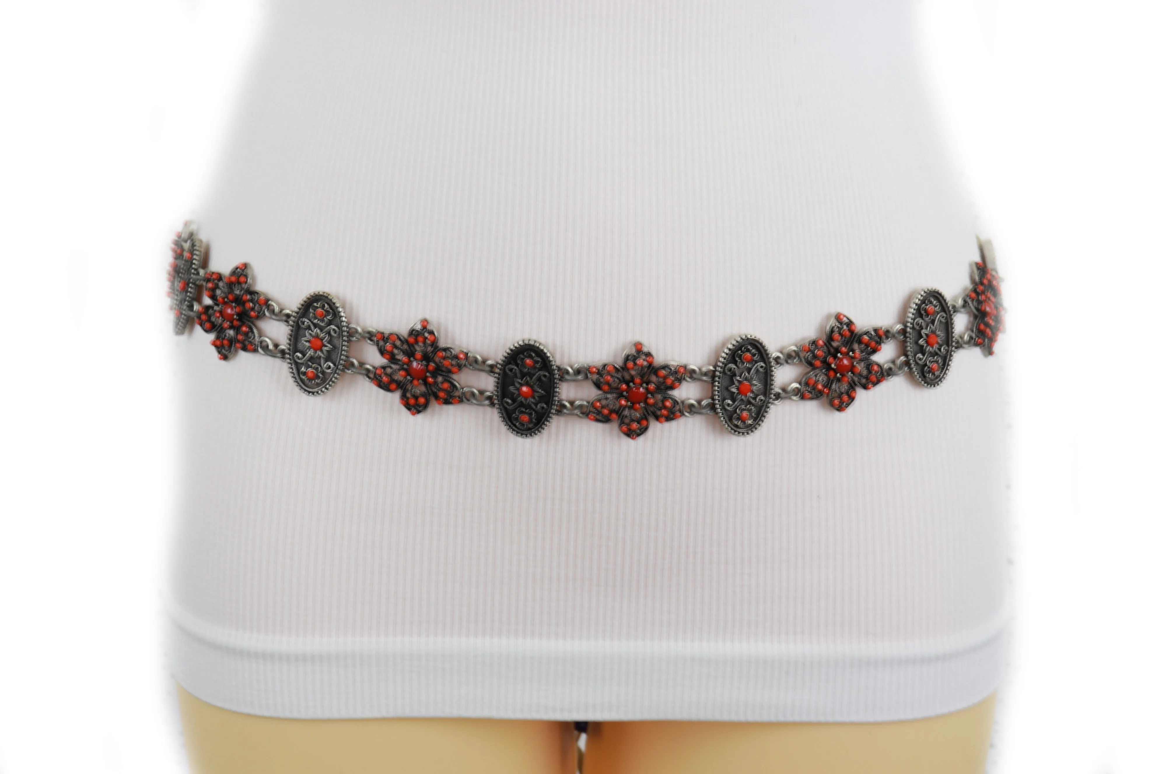 Silver Metal Beige Tie Wrap Round Bohemian Belt Red Flower S M
