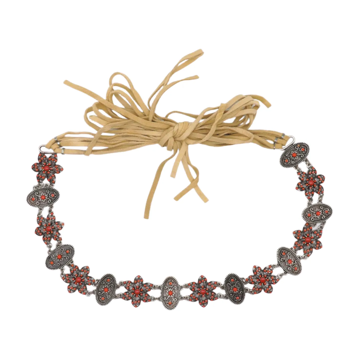 Silver Metal Beige Tie Wrap Round Bohemian Belt Red Flower S M