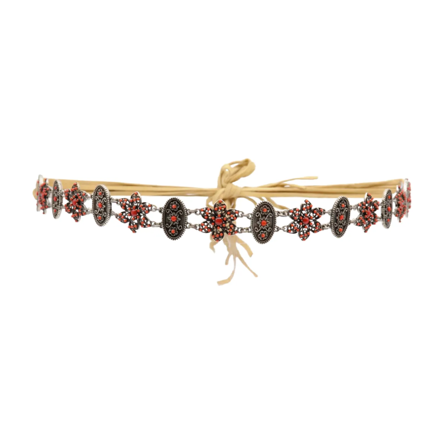 Silver Metal Beige Tie Wrap Round Bohemian Belt Red Flower S M