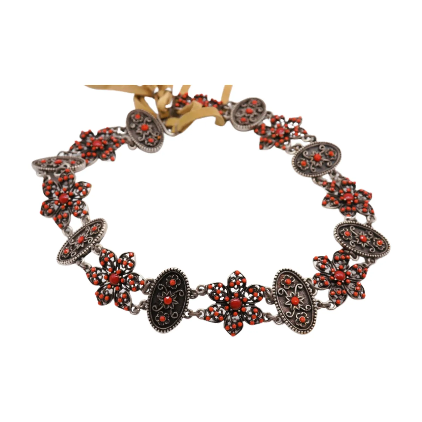 Silver Metal Beige Tie Wrap Round Bohemian Belt Red Flower S M