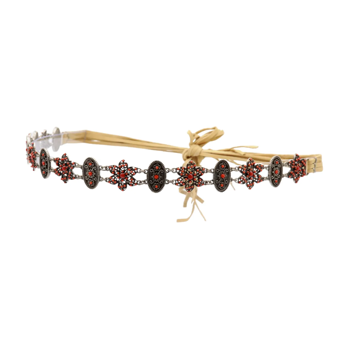 Silver Metal Beige Tie Wrap Round Bohemian Belt Red Flower S M