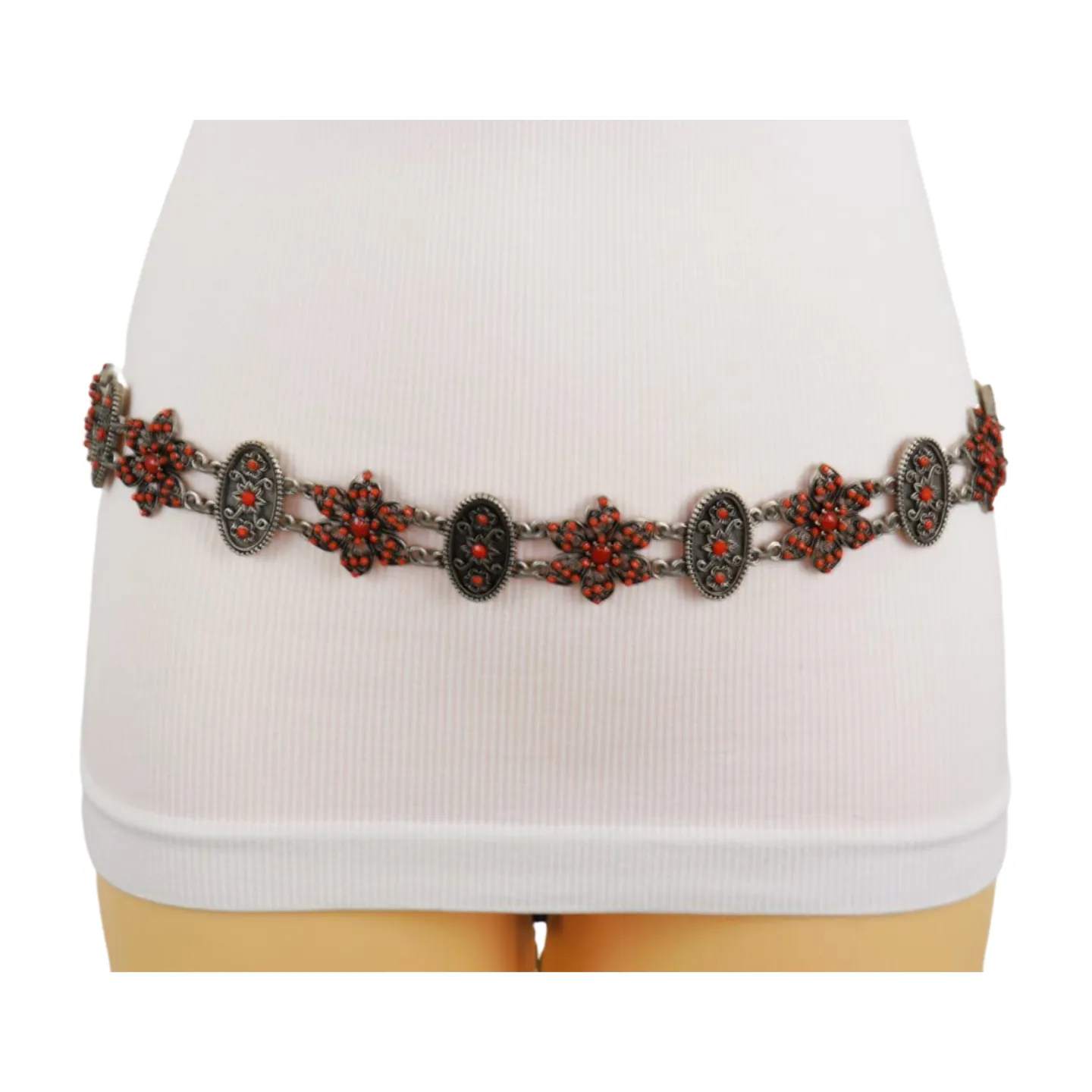 Silver Metal Beige Tie Wrap Round Bohemian Belt Red Flower S M
