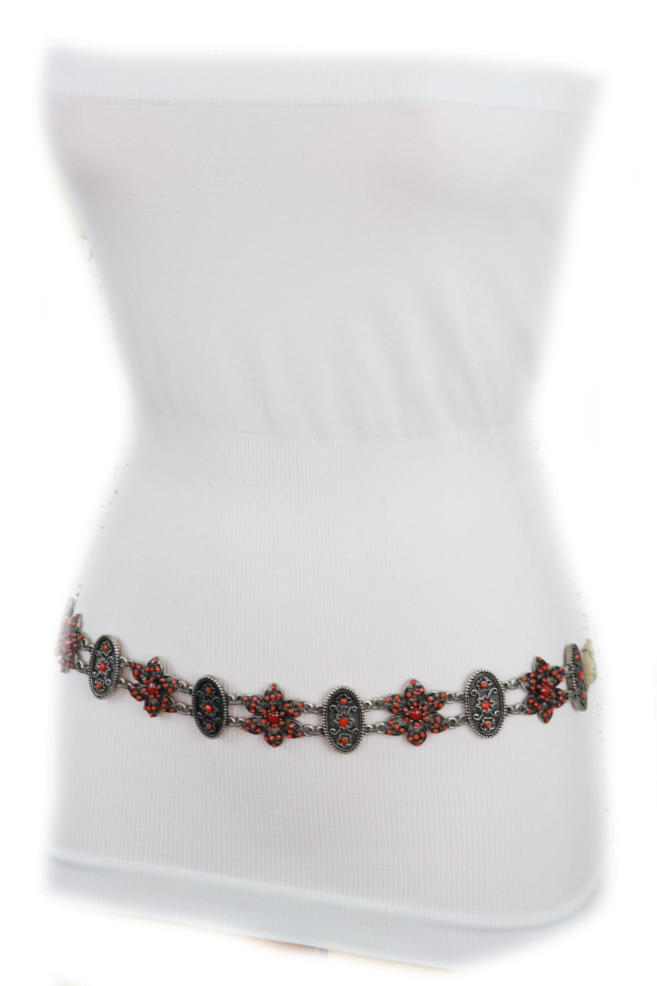Silver Metal Beige Tie Wrap Round Bohemian Belt Red Flower S M