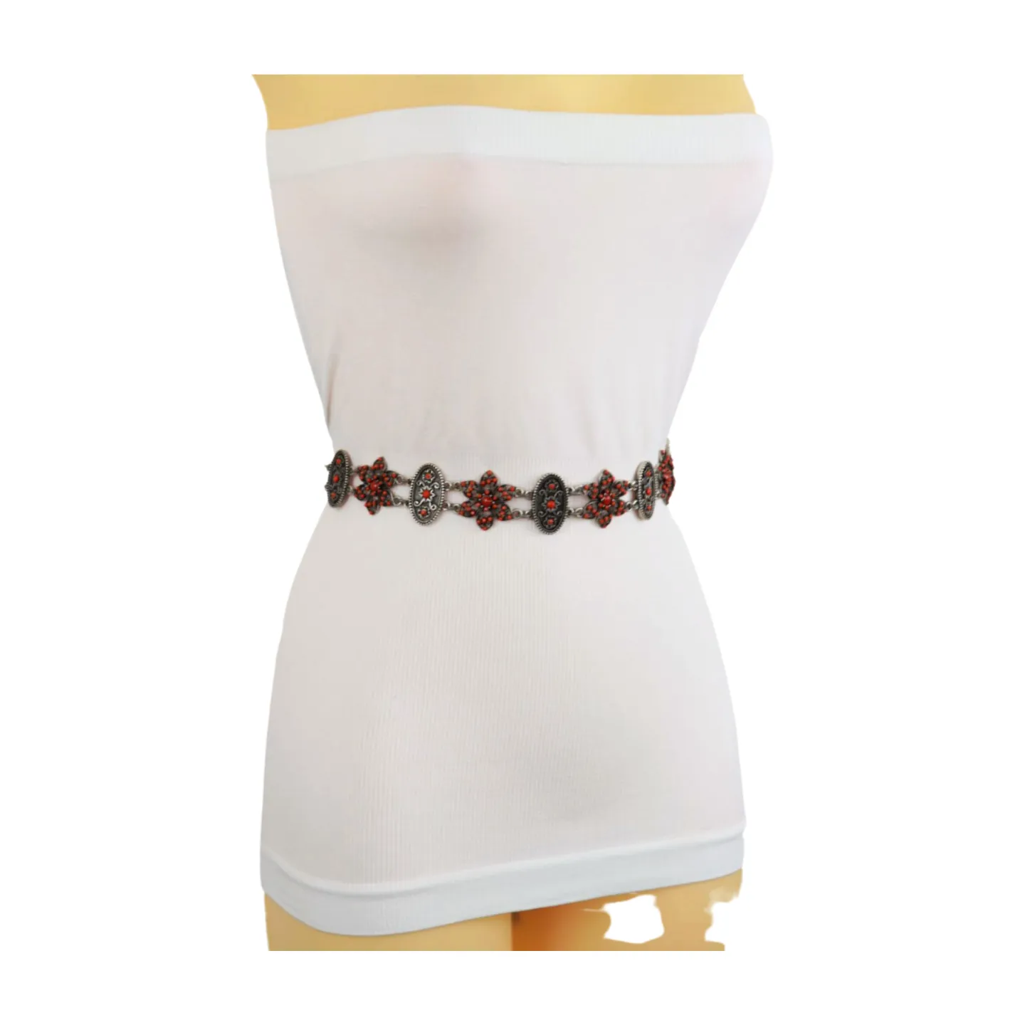 Silver Metal Beige Tie Wrap Round Bohemian Belt Red Flower S M