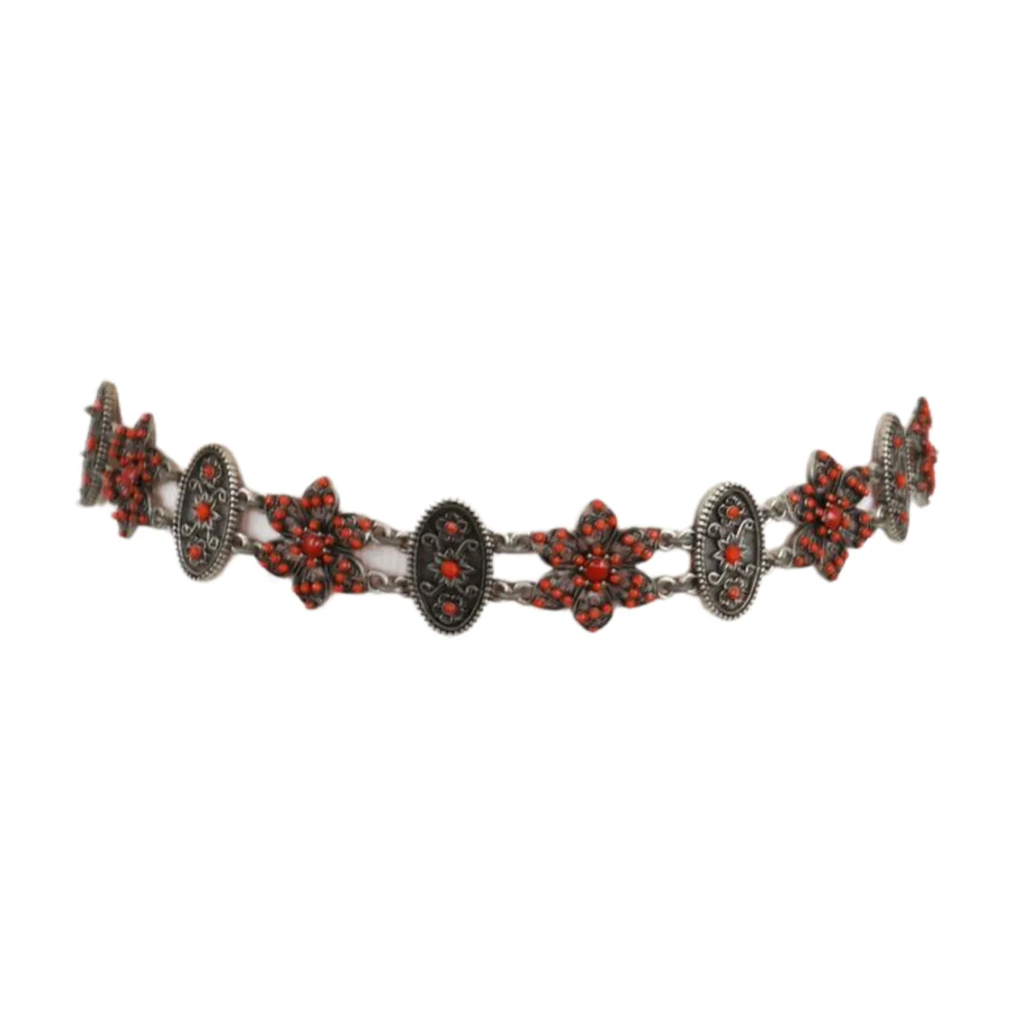 Silver Metal Beige Tie Wrap Round Bohemian Belt Red Flower S M