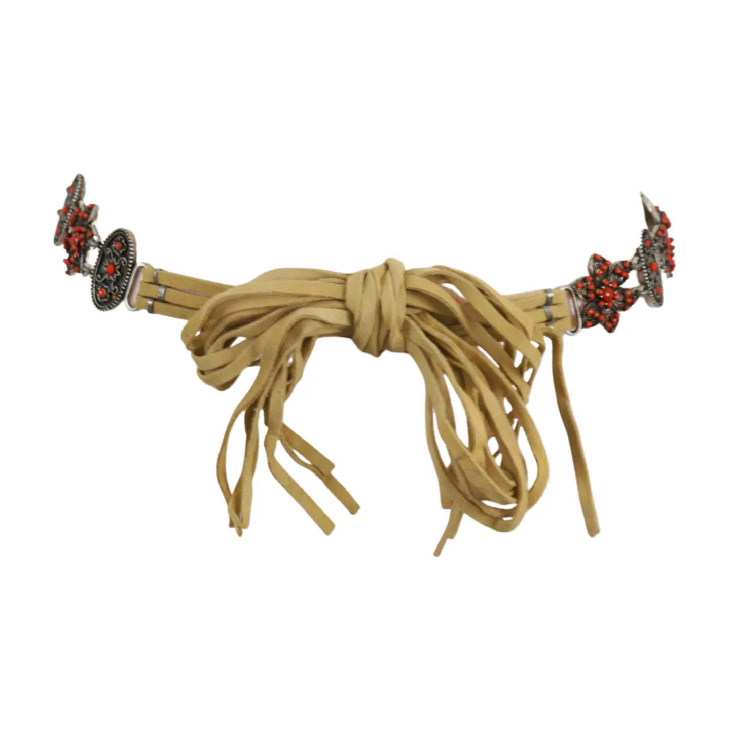 Silver Metal Beige Tie Wrap Round Bohemian Belt Red Flower S M