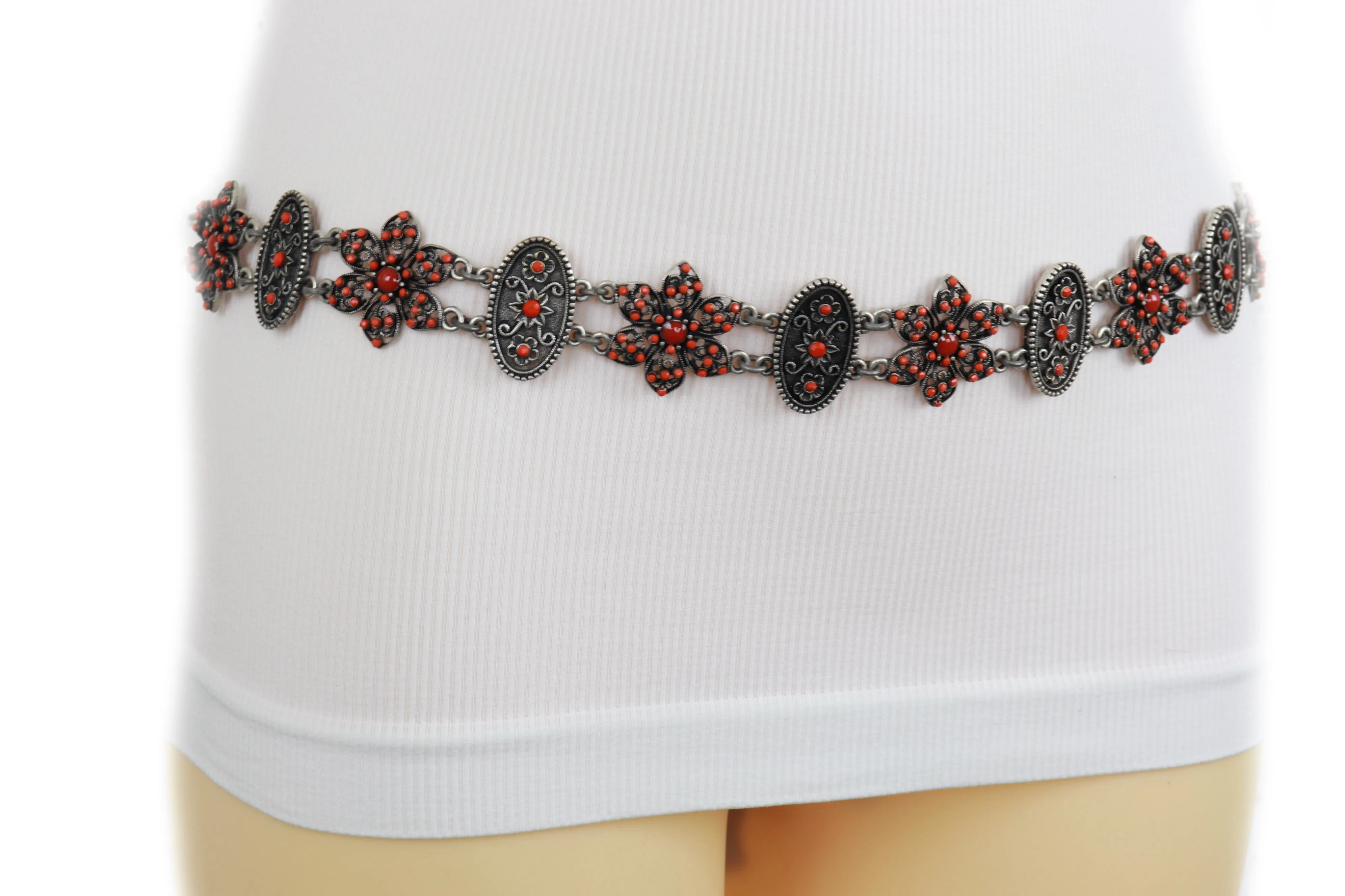 Silver Metal Beige Tie Wrap Round Bohemian Belt Red Flower S M