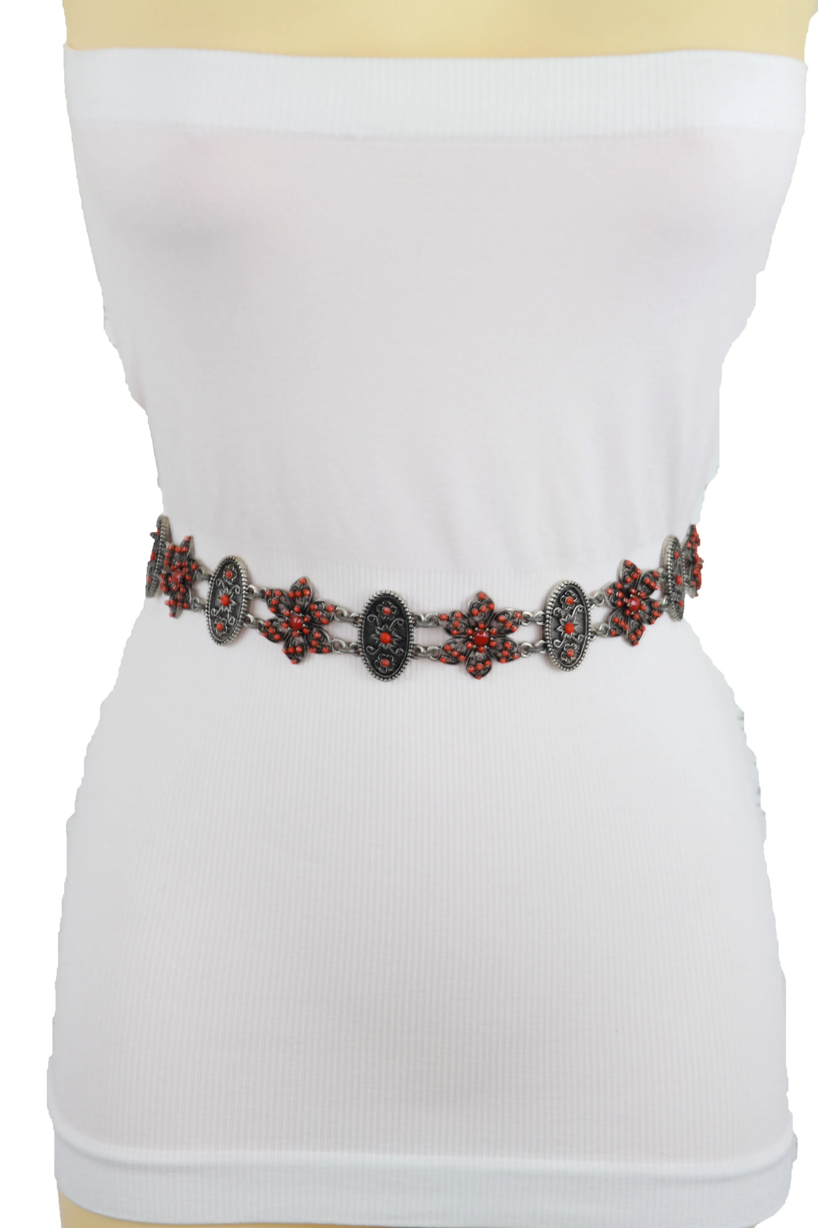 Silver Metal Beige Tie Wrap Round Bohemian Belt Red Flower S M