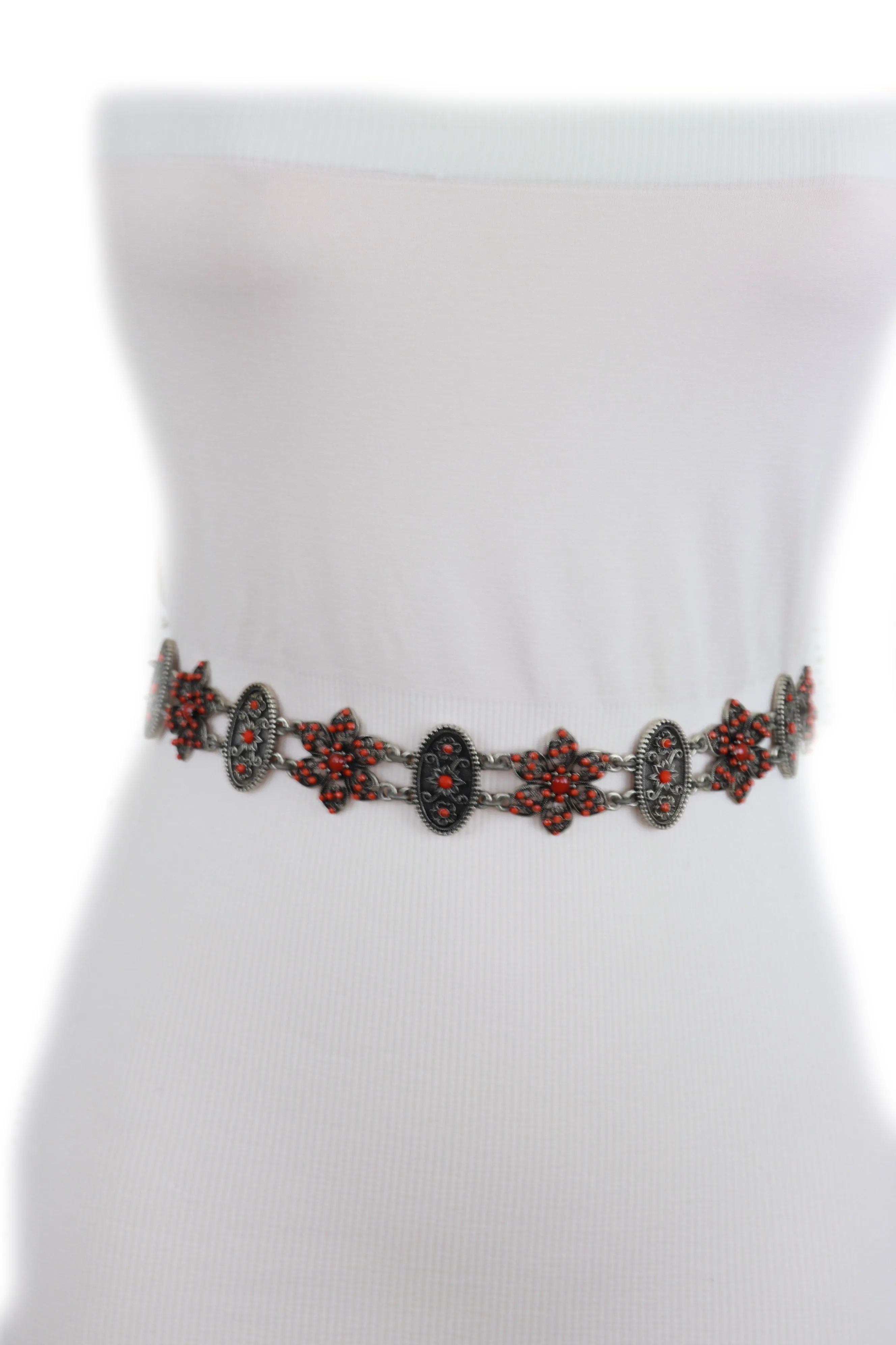 Silver Metal Beige Tie Wrap Round Bohemian Belt Red Flower S M