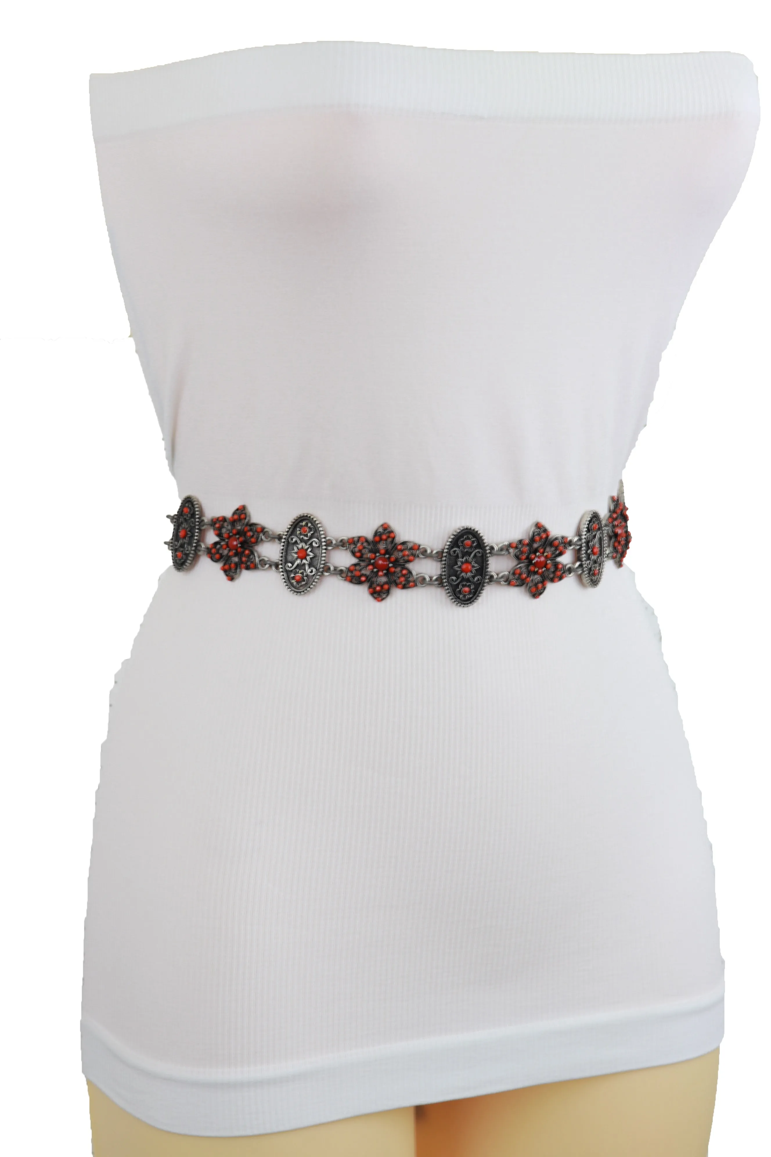 Silver Metal Beige Tie Wrap Round Bohemian Belt Red Flower S M