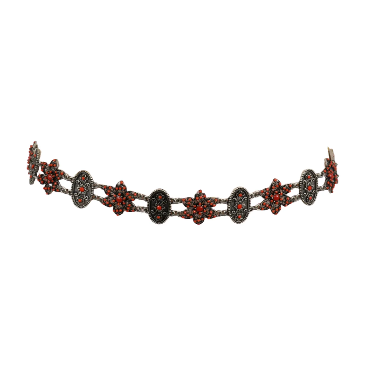 Silver Metal Beige Tie Wrap Round Bohemian Belt Red Flower S M