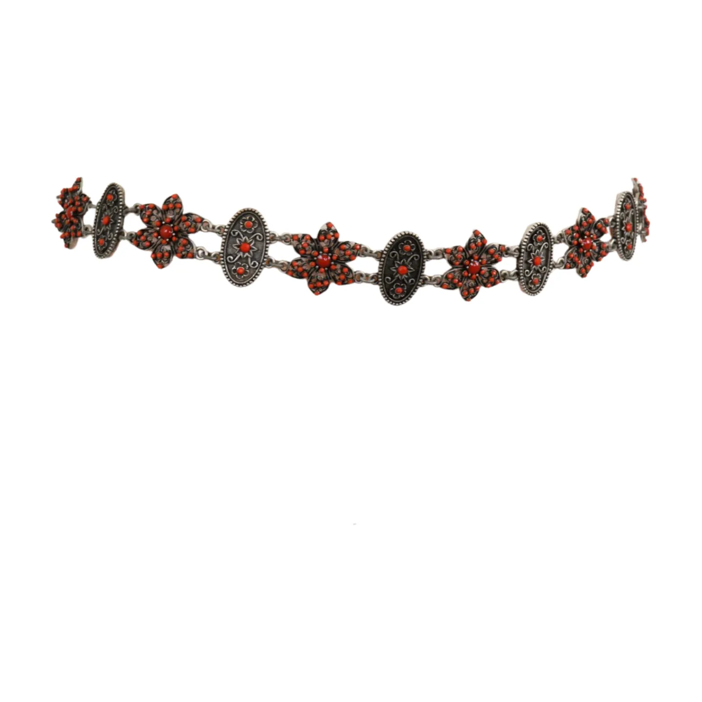 Silver Metal Beige Tie Wrap Round Bohemian Belt Red Flower S M