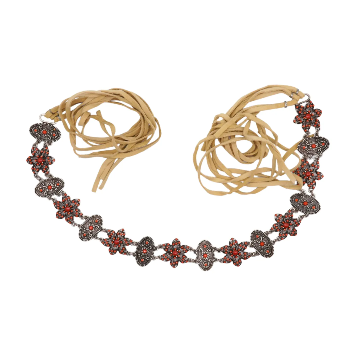 Silver Metal Beige Tie Wrap Round Bohemian Belt Red Flower S M