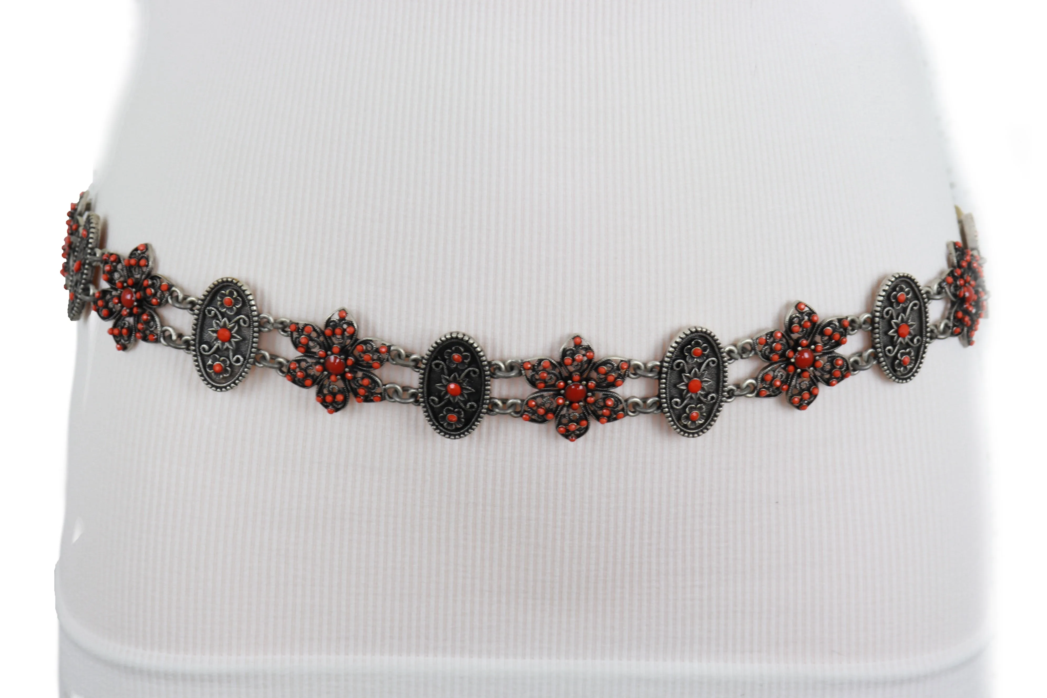 Silver Metal Beige Tie Wrap Round Bohemian Belt Red Flower S M