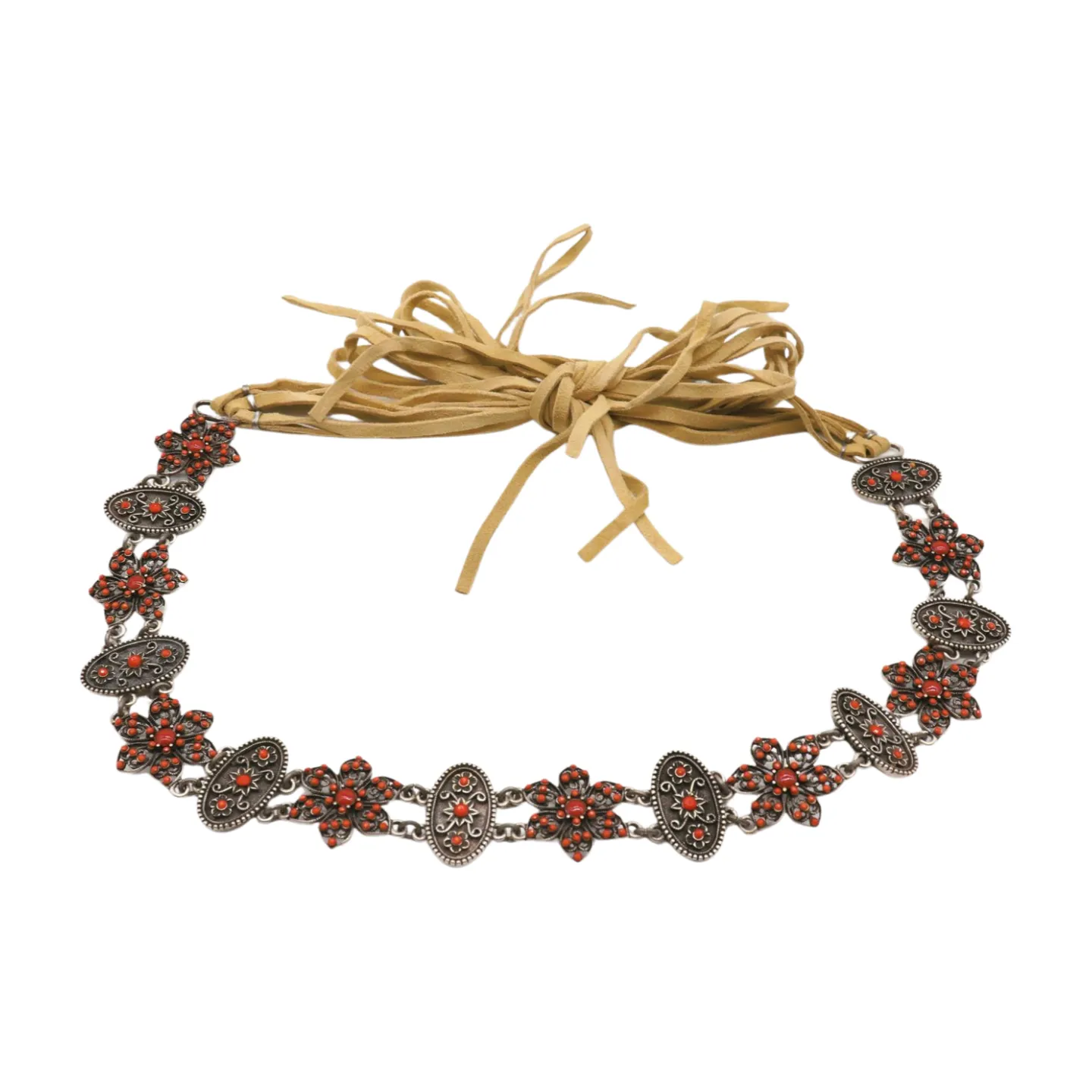 Silver Metal Beige Tie Wrap Round Bohemian Belt Red Flower S M