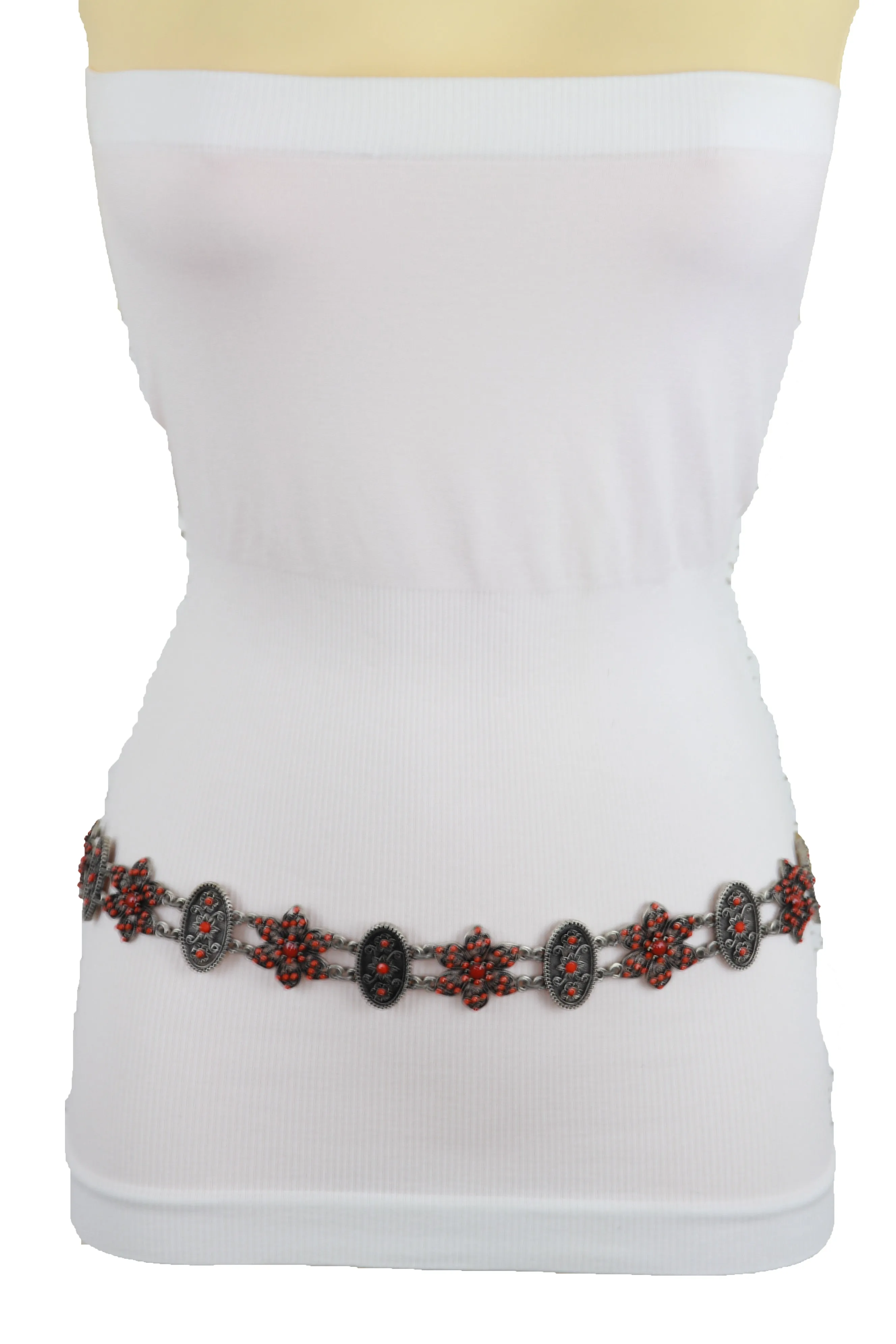 Silver Metal Beige Tie Wrap Round Bohemian Belt Red Flower S M