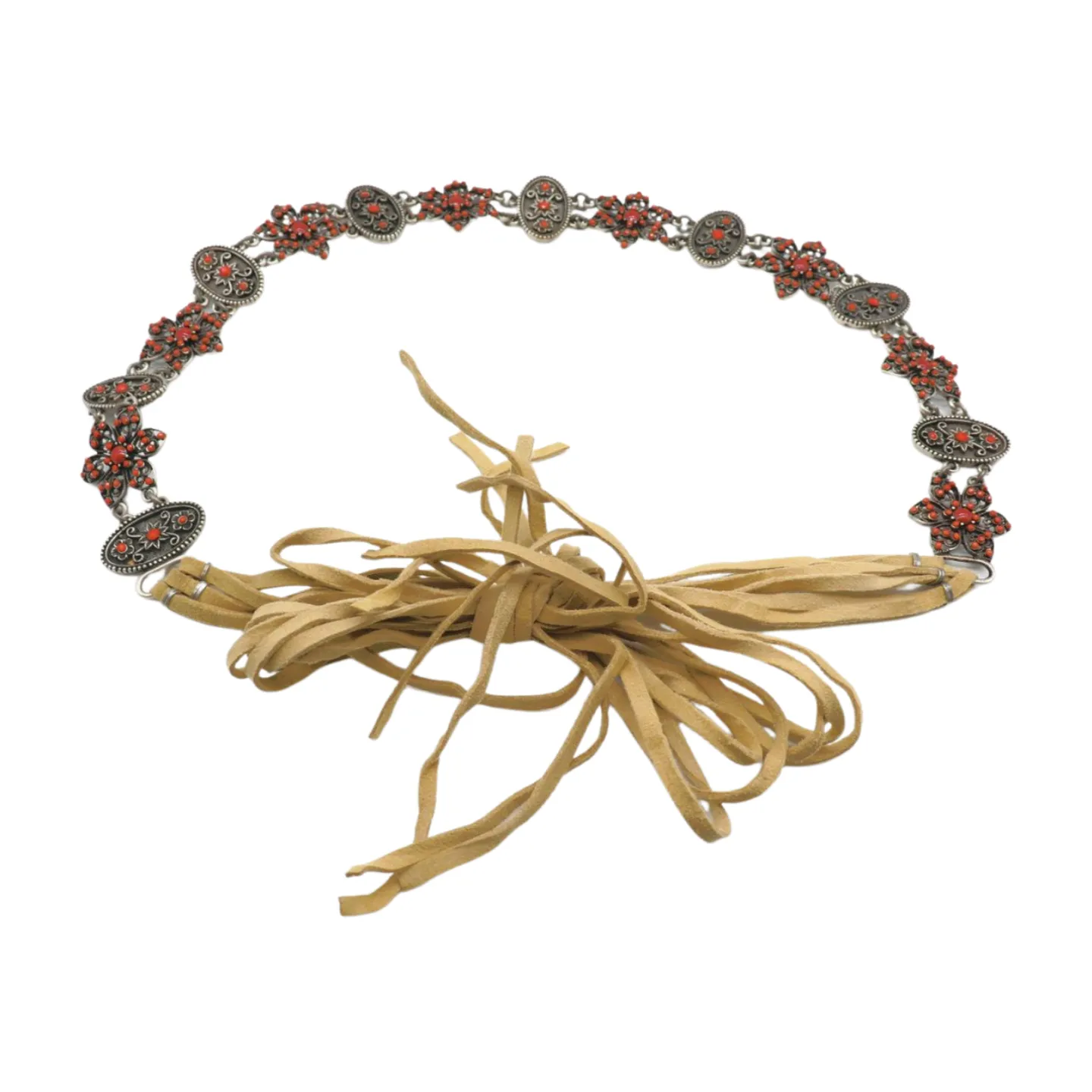 Silver Metal Beige Tie Wrap Round Bohemian Belt Red Flower S M