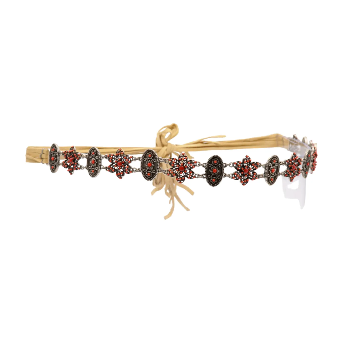 Silver Metal Beige Tie Wrap Round Bohemian Belt Red Flower S M