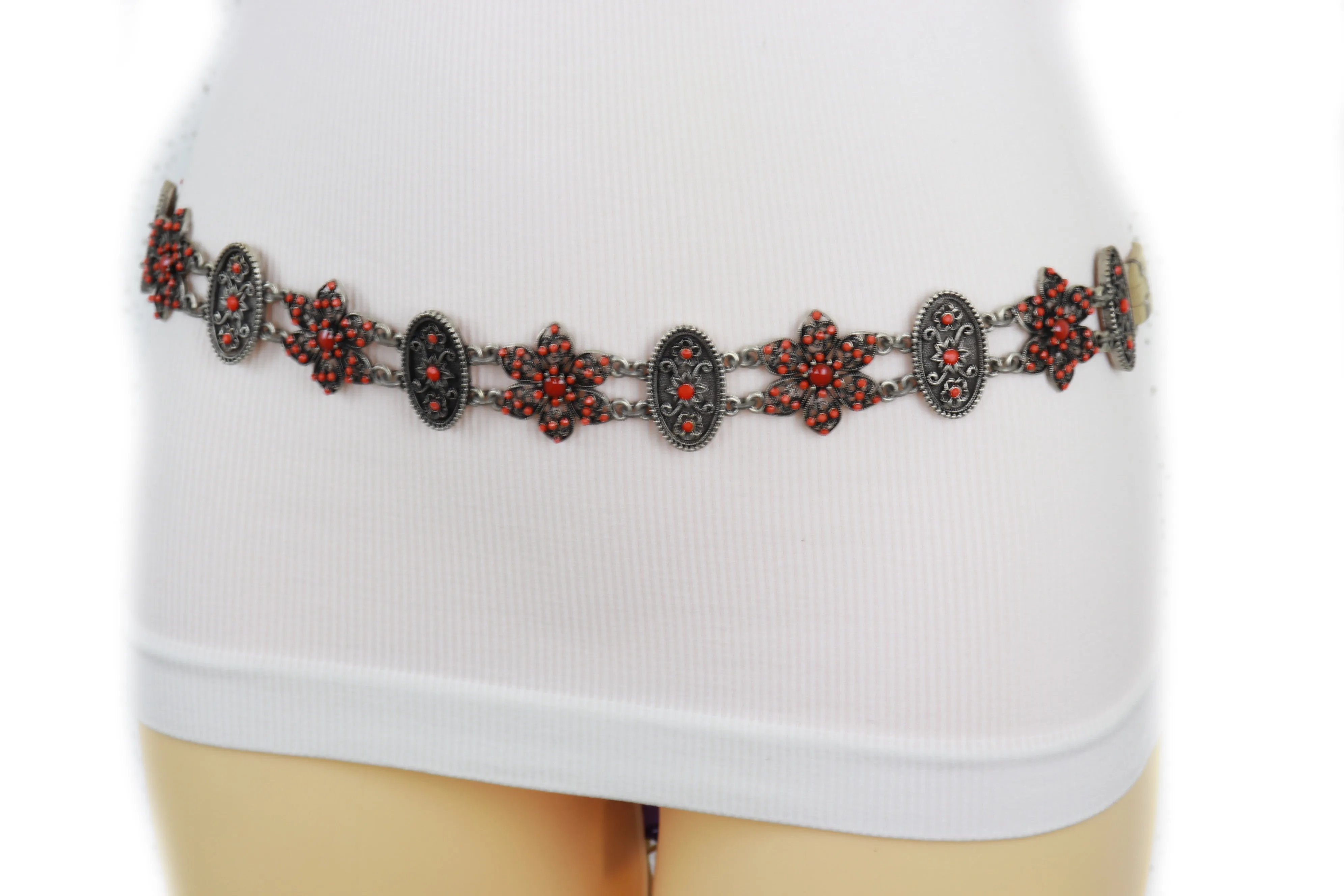 Silver Metal Beige Tie Wrap Round Bohemian Belt Red Flower S M