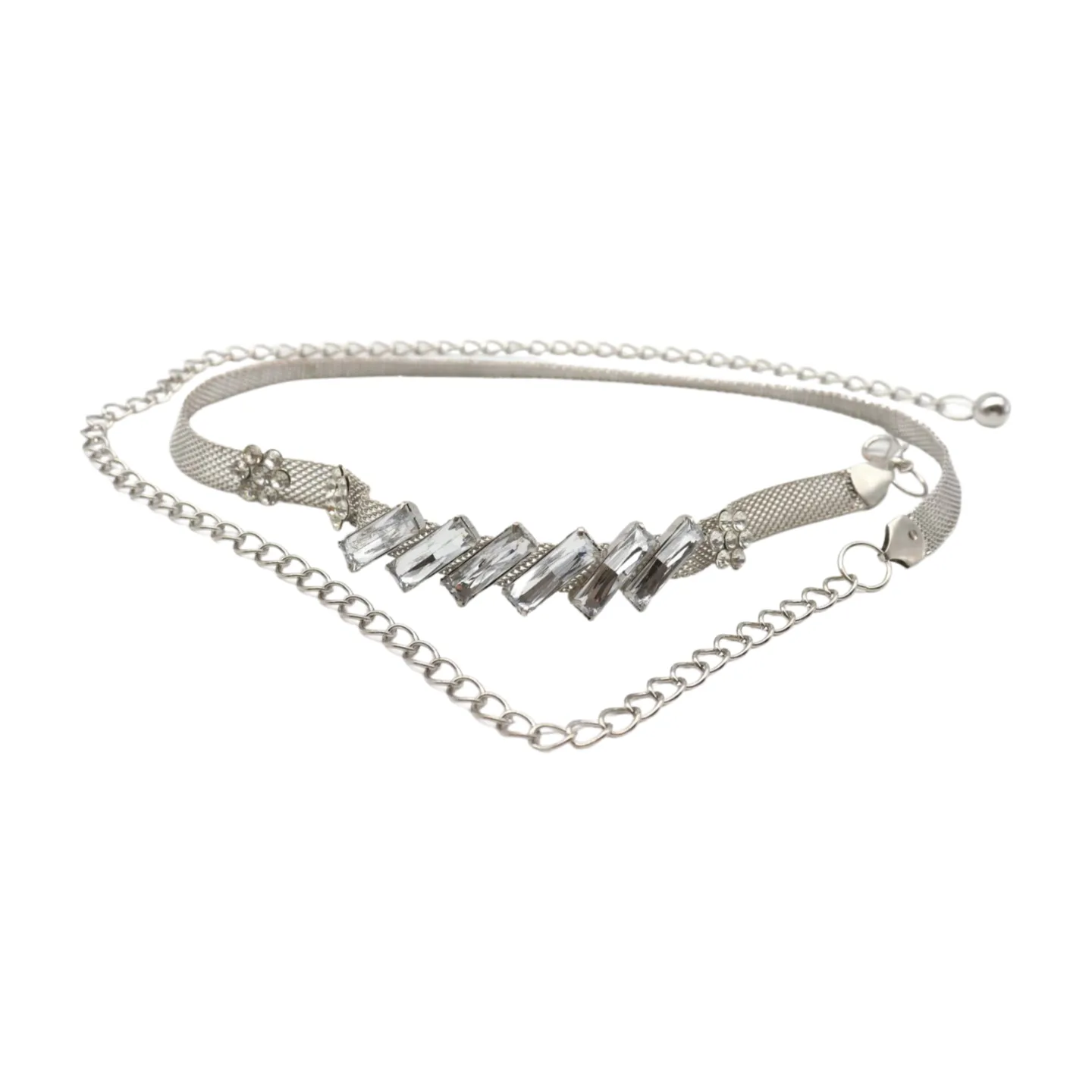 Silver Metal Chain Belt Flower Charms Long Beads S M L